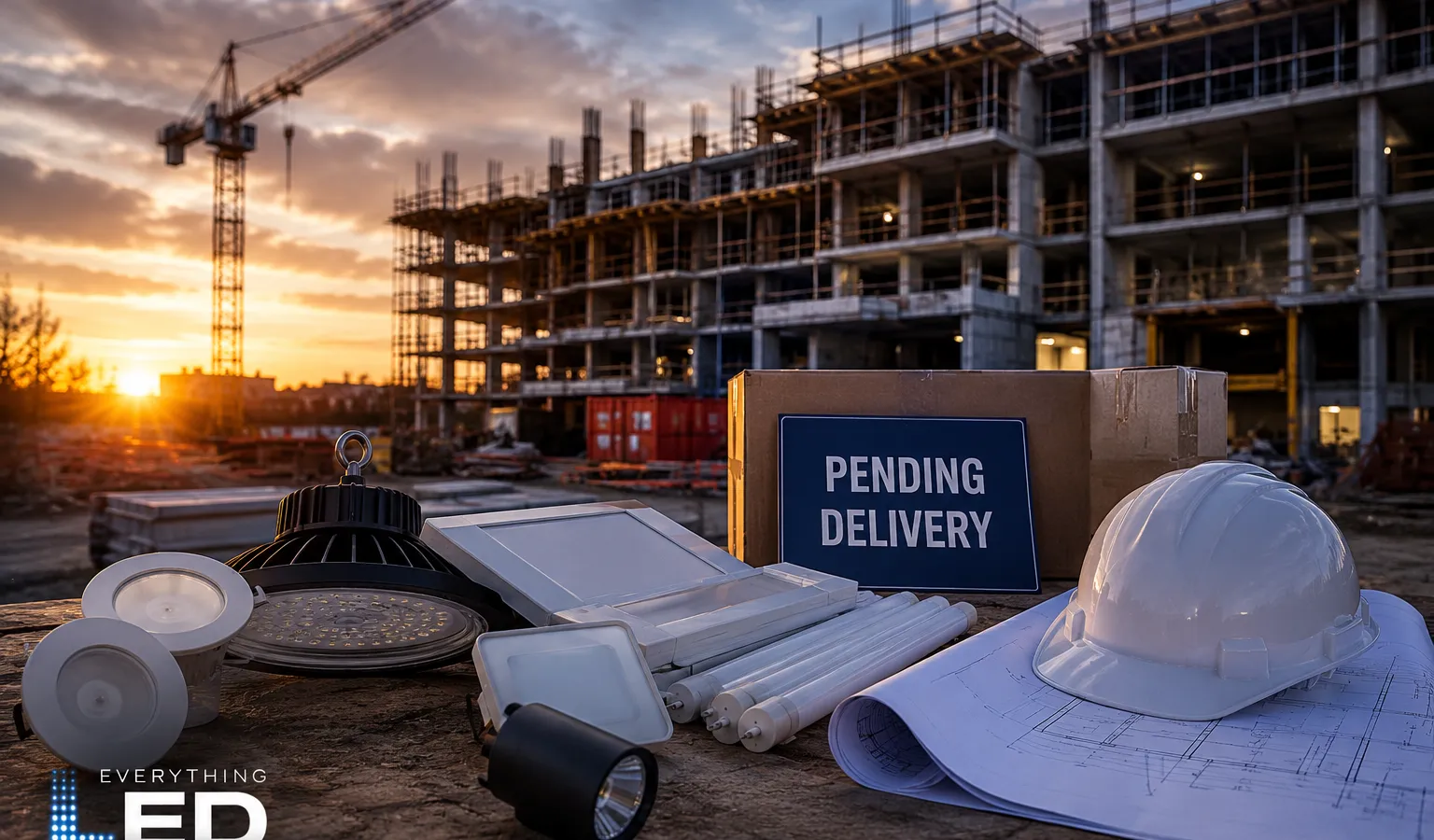 Lighting fixtures, blueprints, and a hard hat staged in front of a construction site
