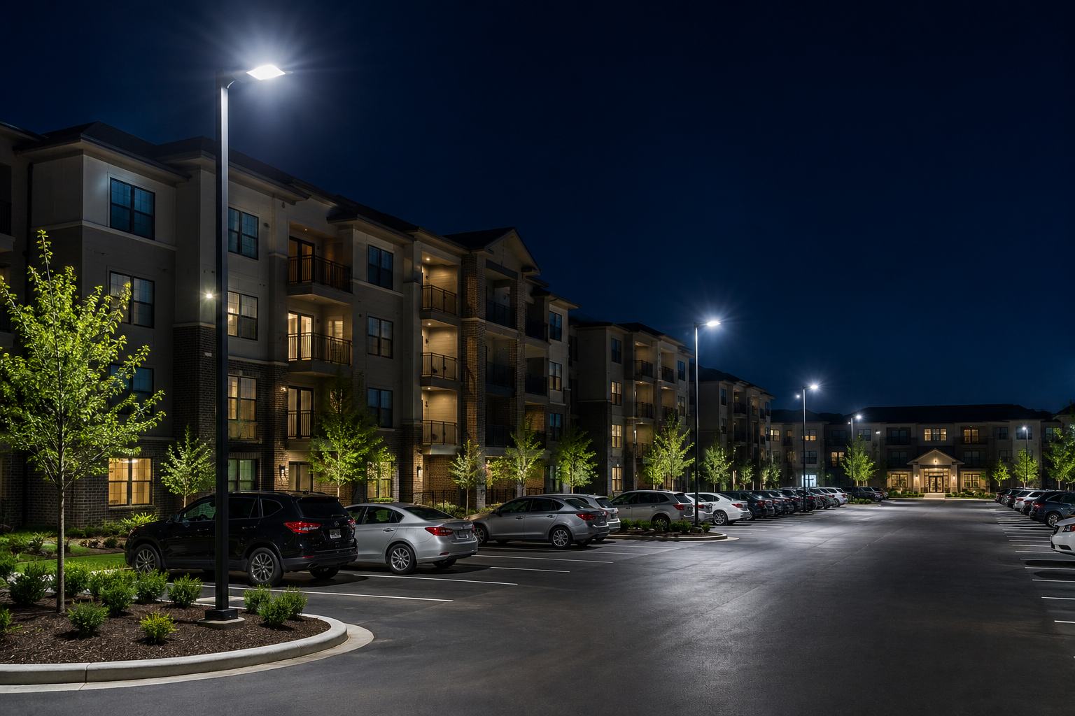 Apartment community parking lot and walkways illuminated by LED area lighting at night