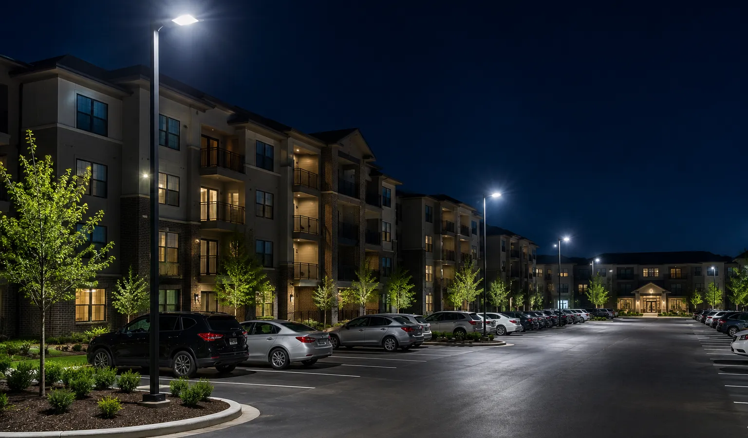 Apartment community parking lot and walkways illuminated by LED area lighting at night