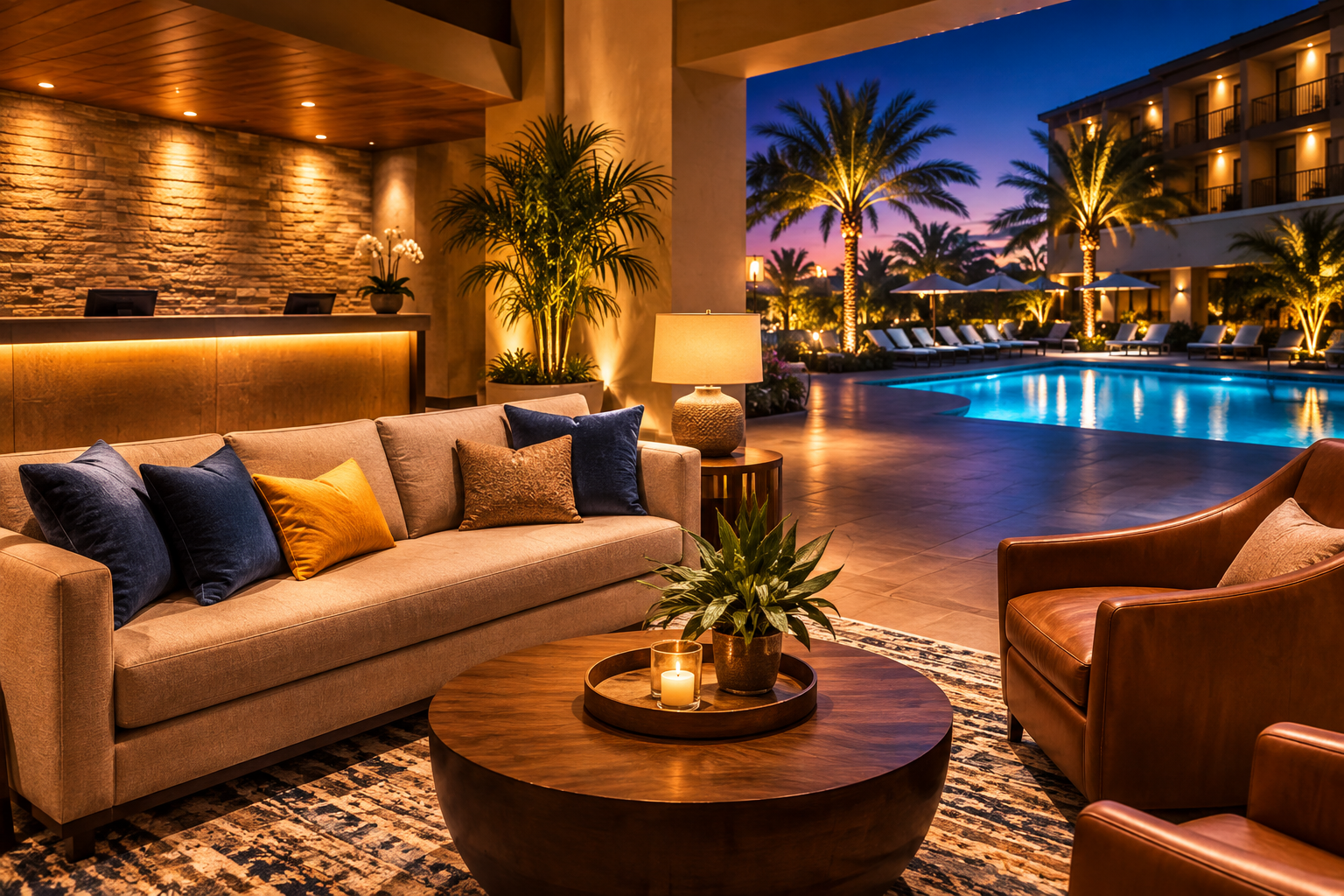 Warmly lit hotel lobby lounge opening onto an illuminated pool deck at dusk