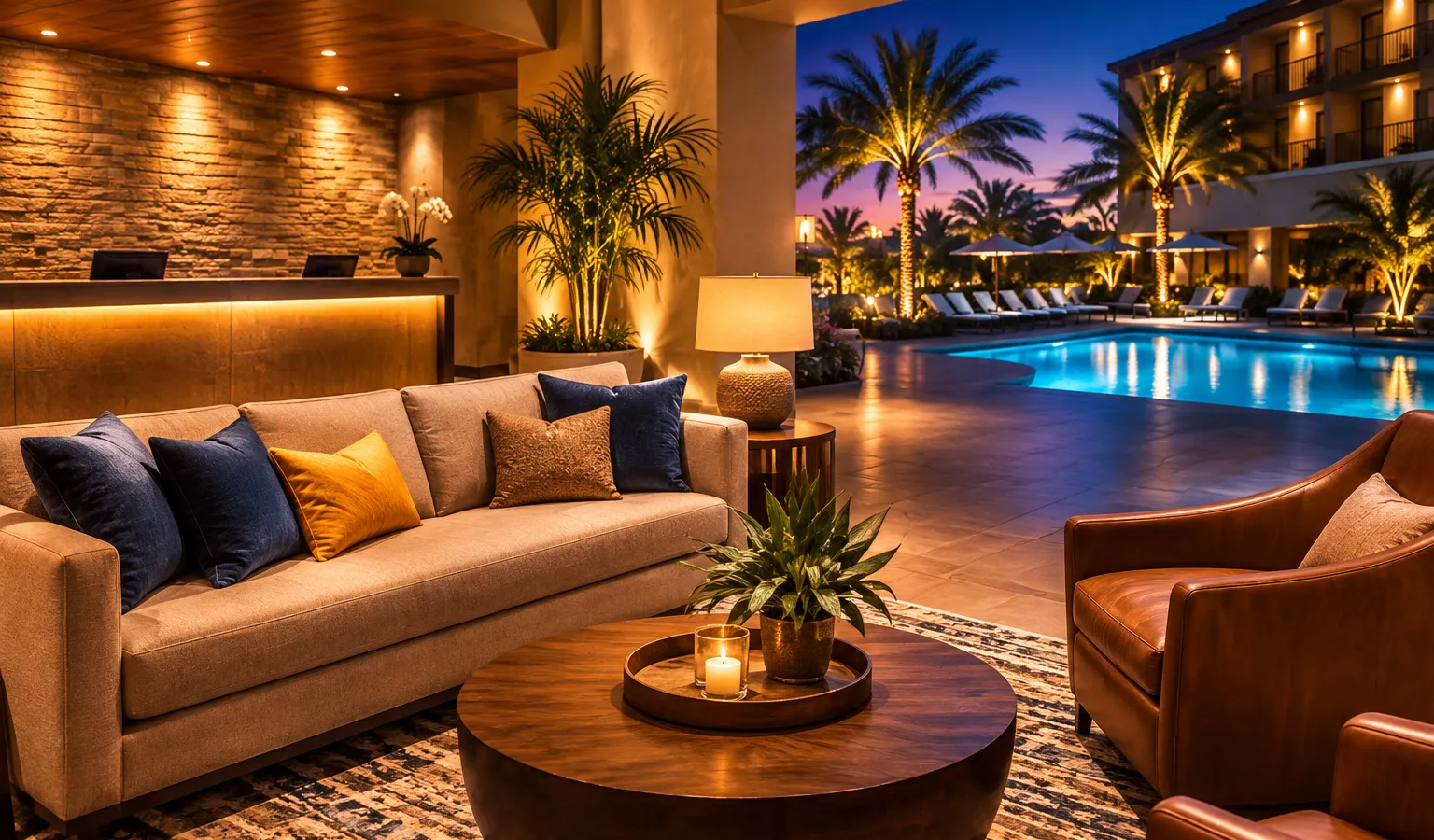 Warmly lit hotel lobby lounge opening onto an illuminated pool deck at dusk