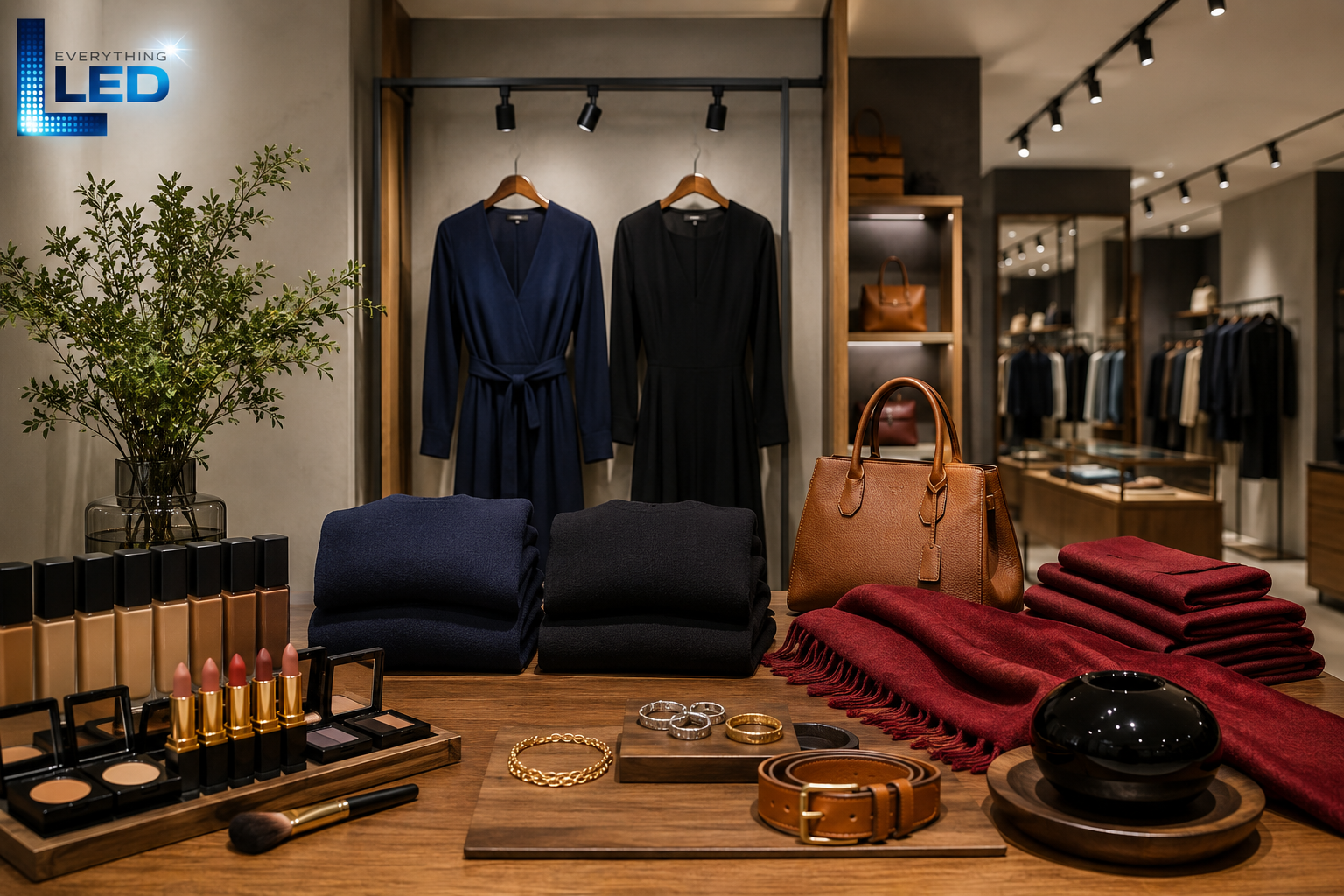Retail display table with navy and black knitwear, cosmetics, jewelry, and a burgundy scarf under warm accent lighting