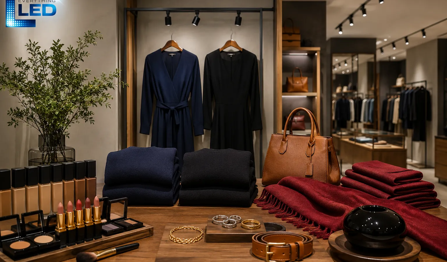 Retail display table with navy and black knitwear, cosmetics, jewelry, and a burgundy scarf under warm accent lighting