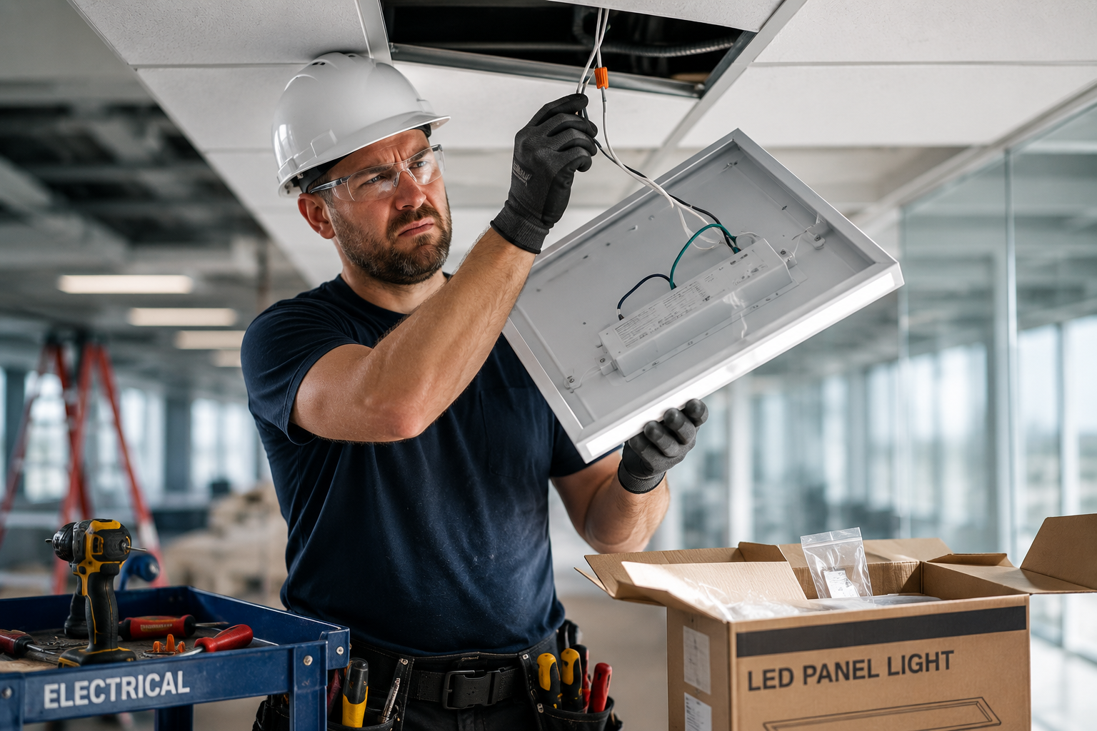 Electrician installing an LED panel fixture in a commercial ceiling