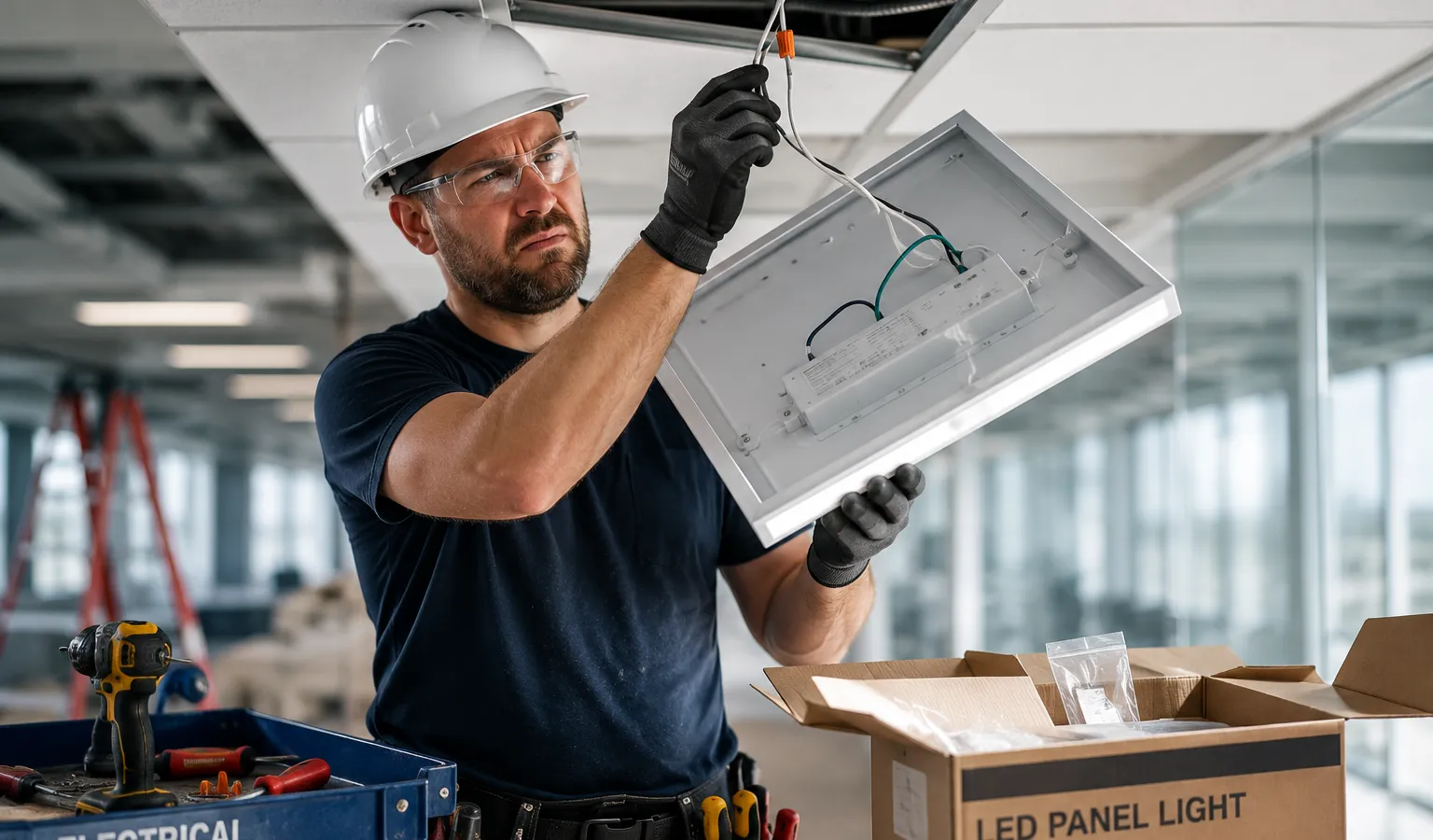 Electrician installing an LED panel fixture in a commercial ceiling
