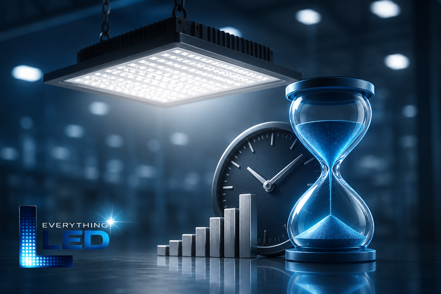 Commercial LED high-bay fixture beside a clock and hourglass representing long service life