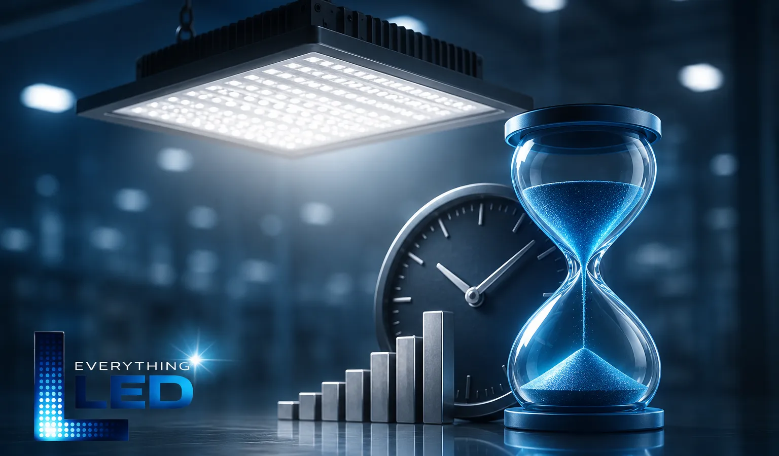 Commercial LED high-bay fixture beside a clock and hourglass representing long service life