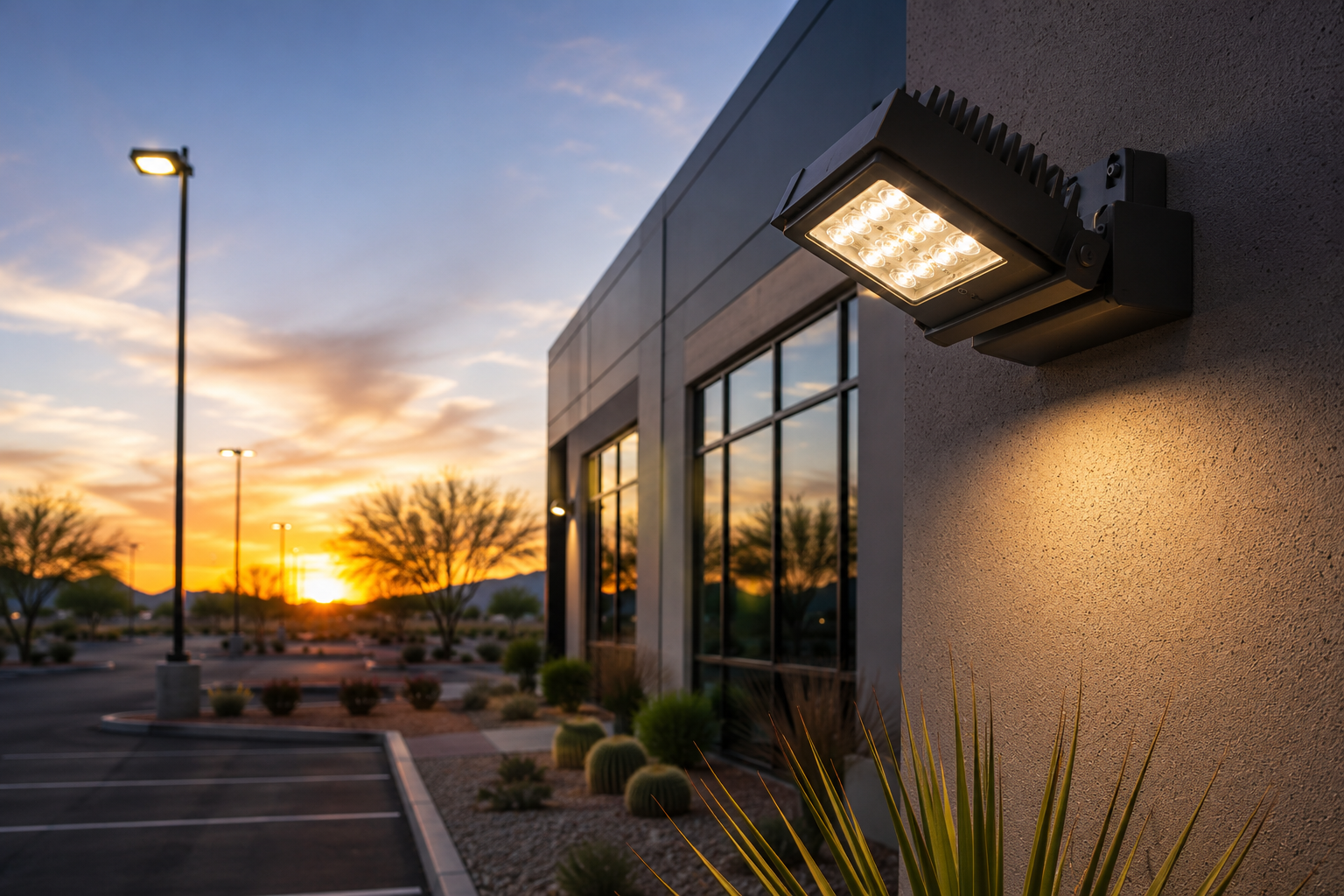 Exterior commercial LED wall pack on an Arizona building at sunset