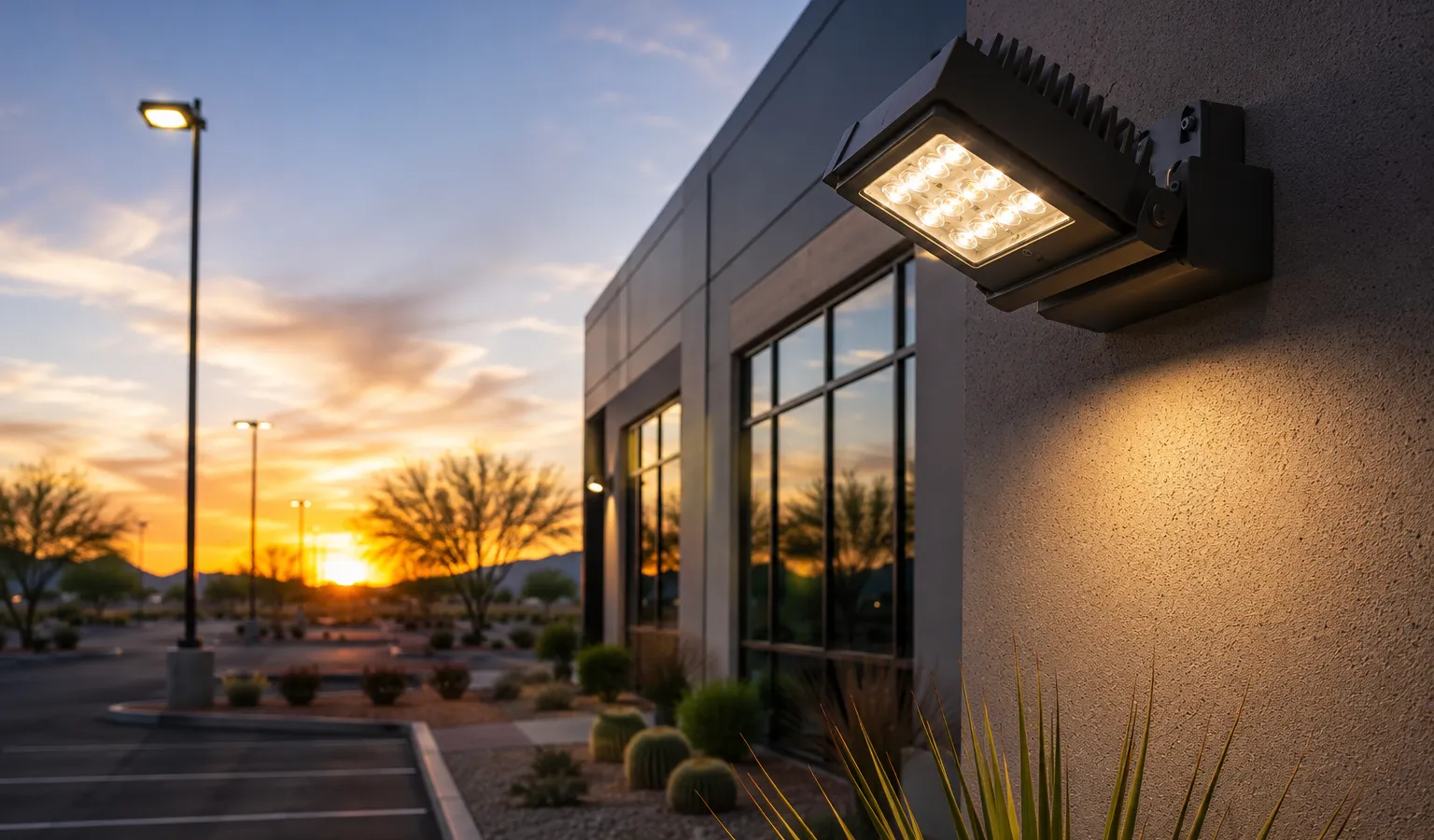 Exterior commercial LED wall pack on an Arizona building at sunset