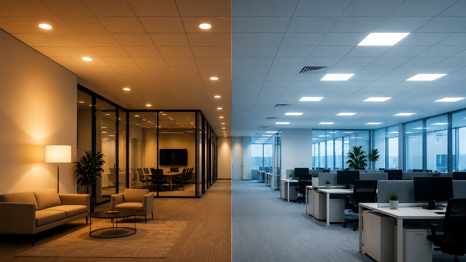 Warm and cool commercial lighting color temperatures compared in office interiors