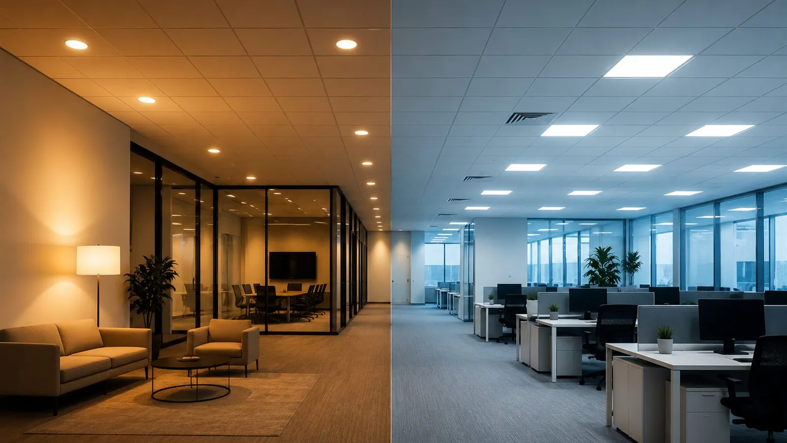 Warm and cool commercial lighting color temperatures compared in office interiors
