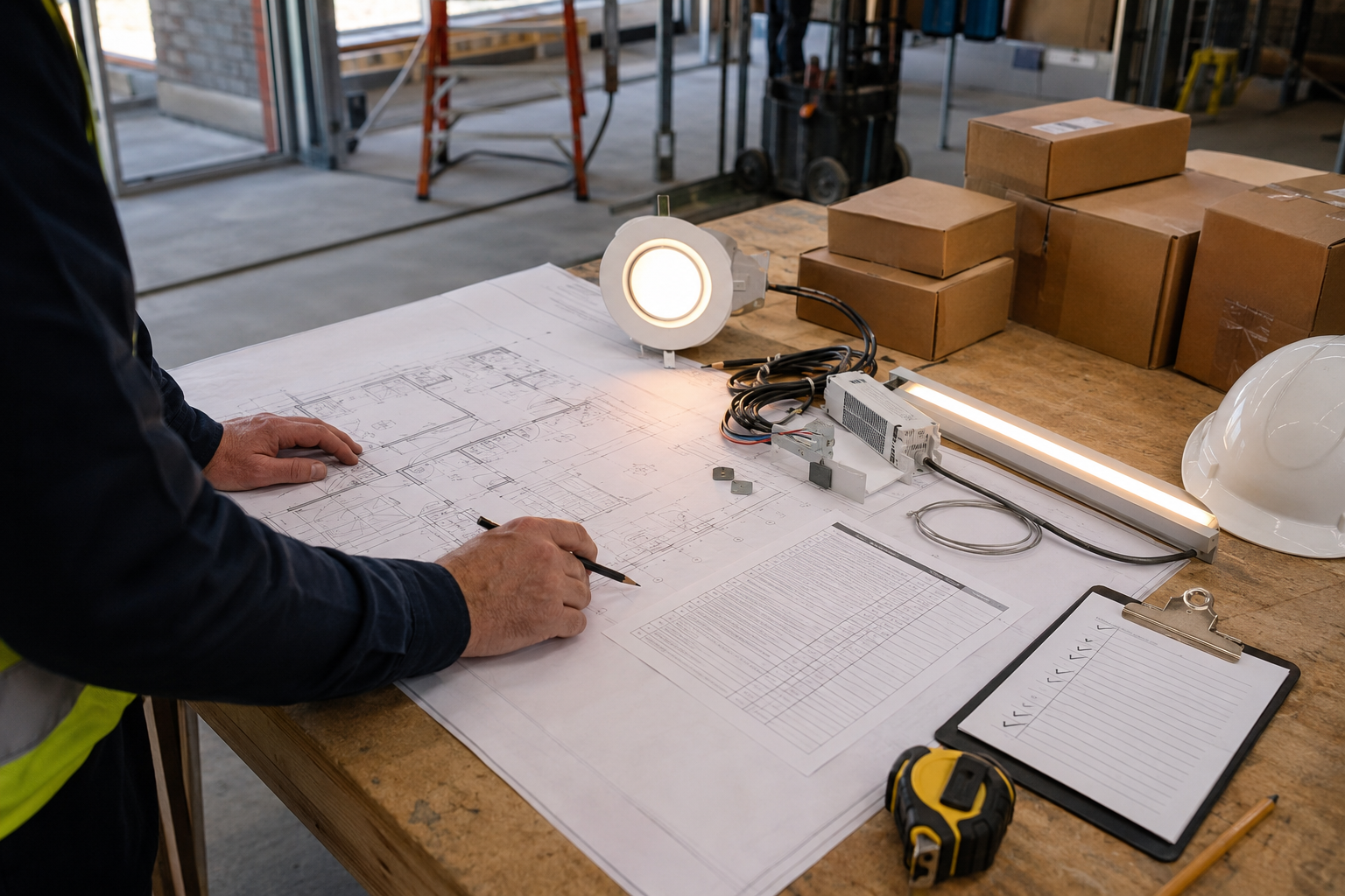 Contractor reviewing a commercial lighting fixture schedule, electrical plans, LED product samples, and order details at a construction table
