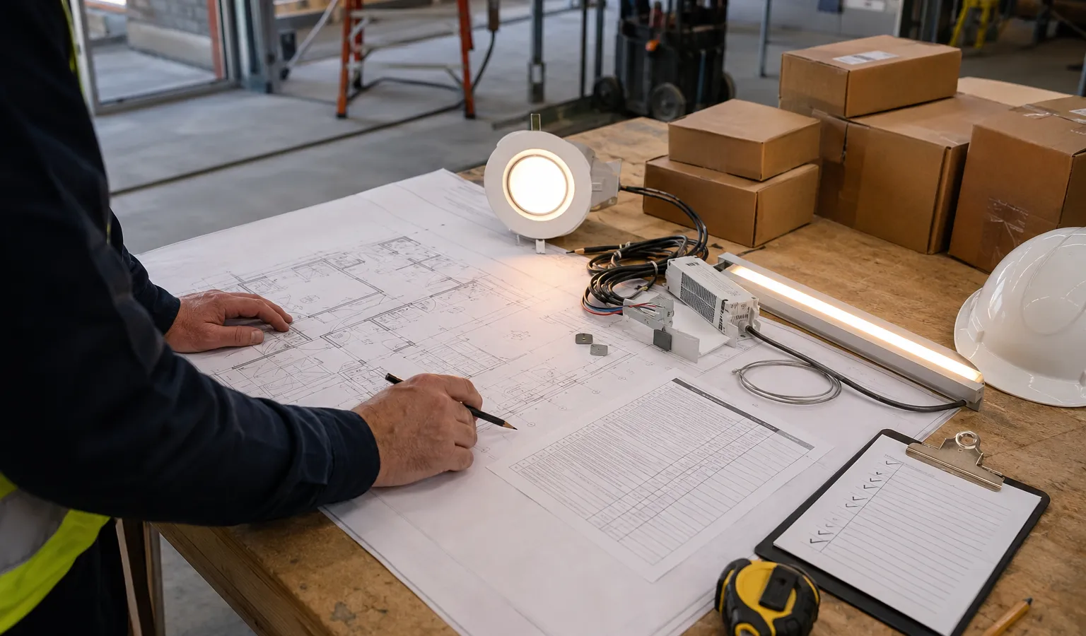 Contractor reviewing a commercial lighting fixture schedule, electrical plans, LED product samples, and order details at a construction table