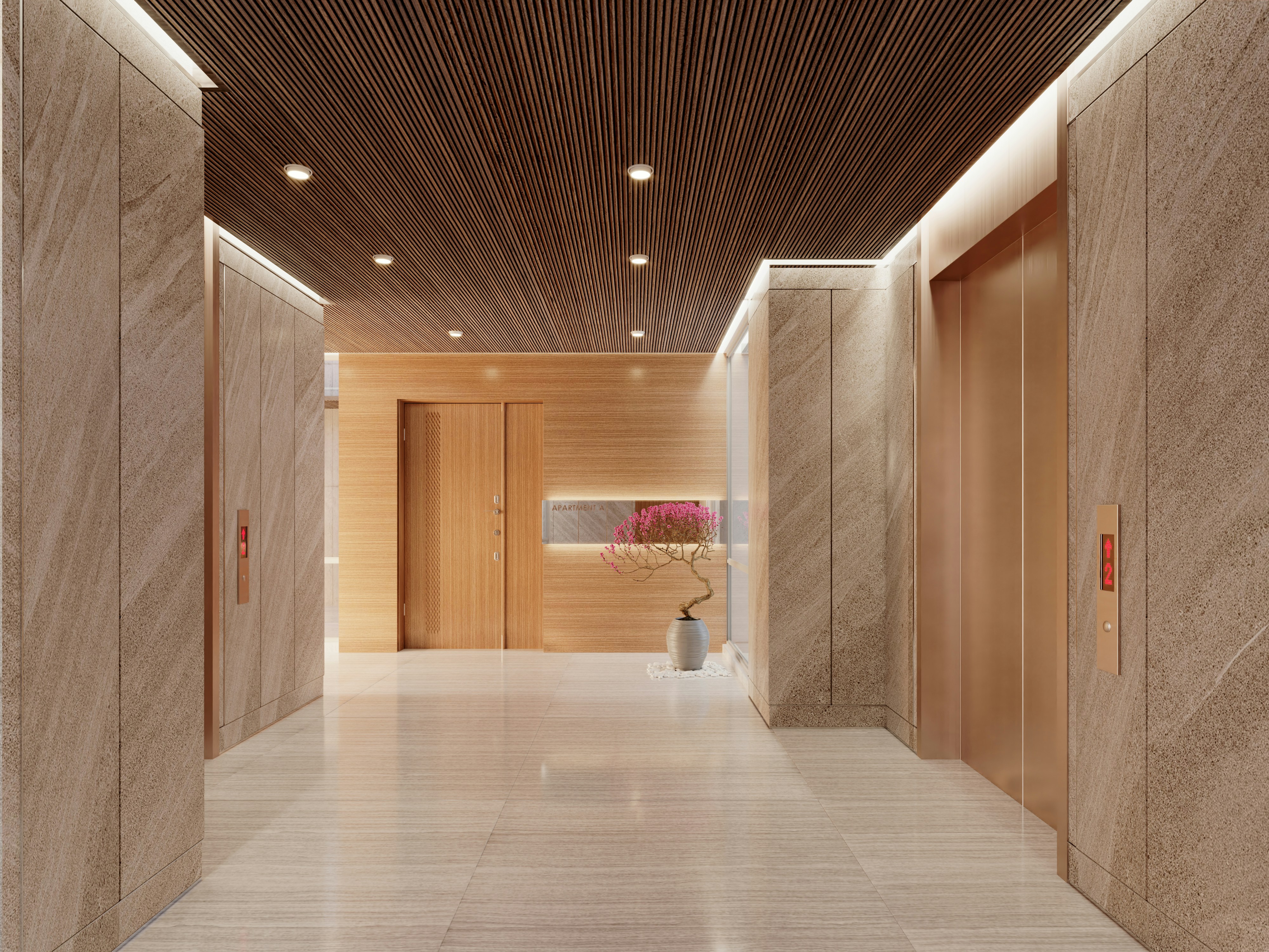 Modern apartment lobby with recessed LED lighting and warm wood finishes