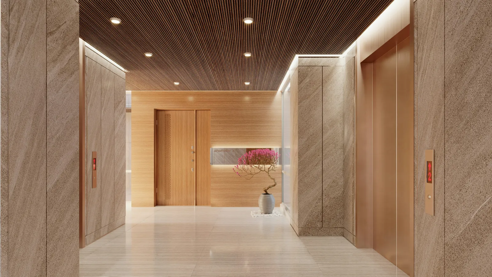Modern apartment lobby with recessed LED lighting and warm wood finishes
