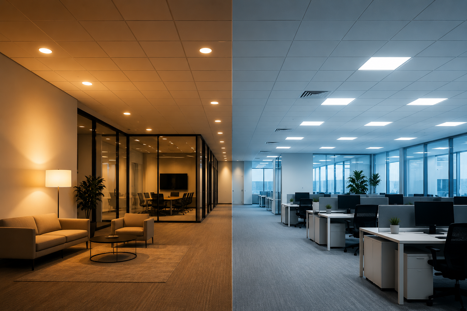 Side-by-side comparison of a well-lit and poorly-lit commercial space