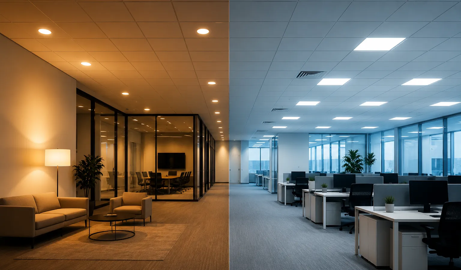 Side-by-side comparison of a well-lit and poorly-lit commercial space