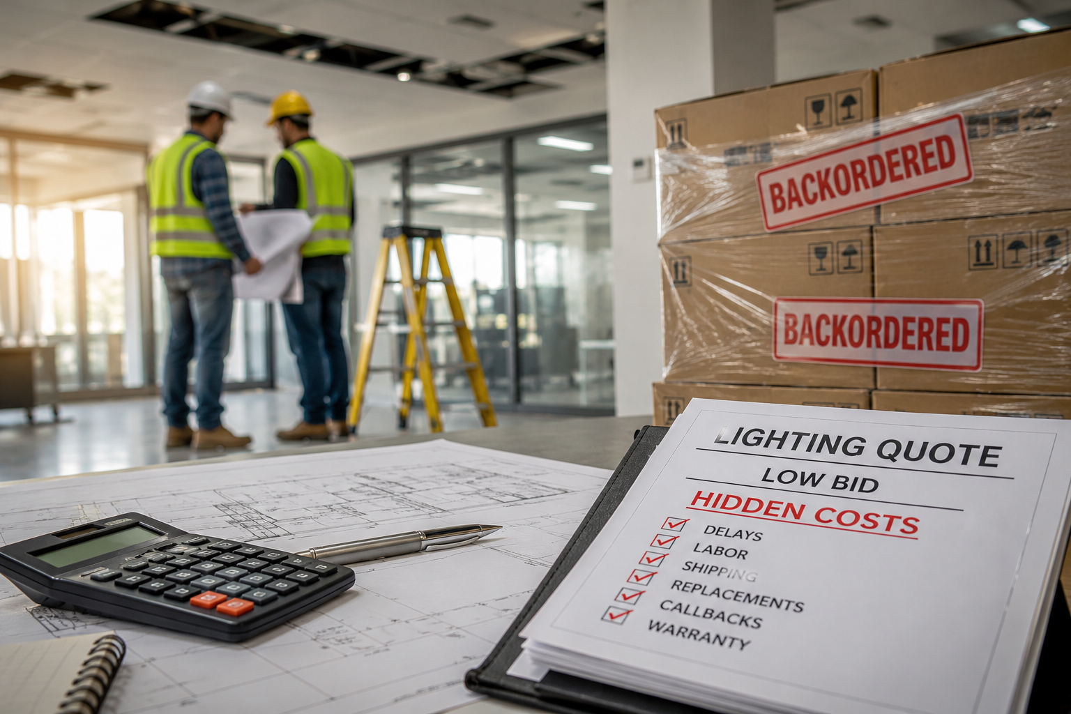 Backordered lighting shipments and hidden project costs beside construction plans