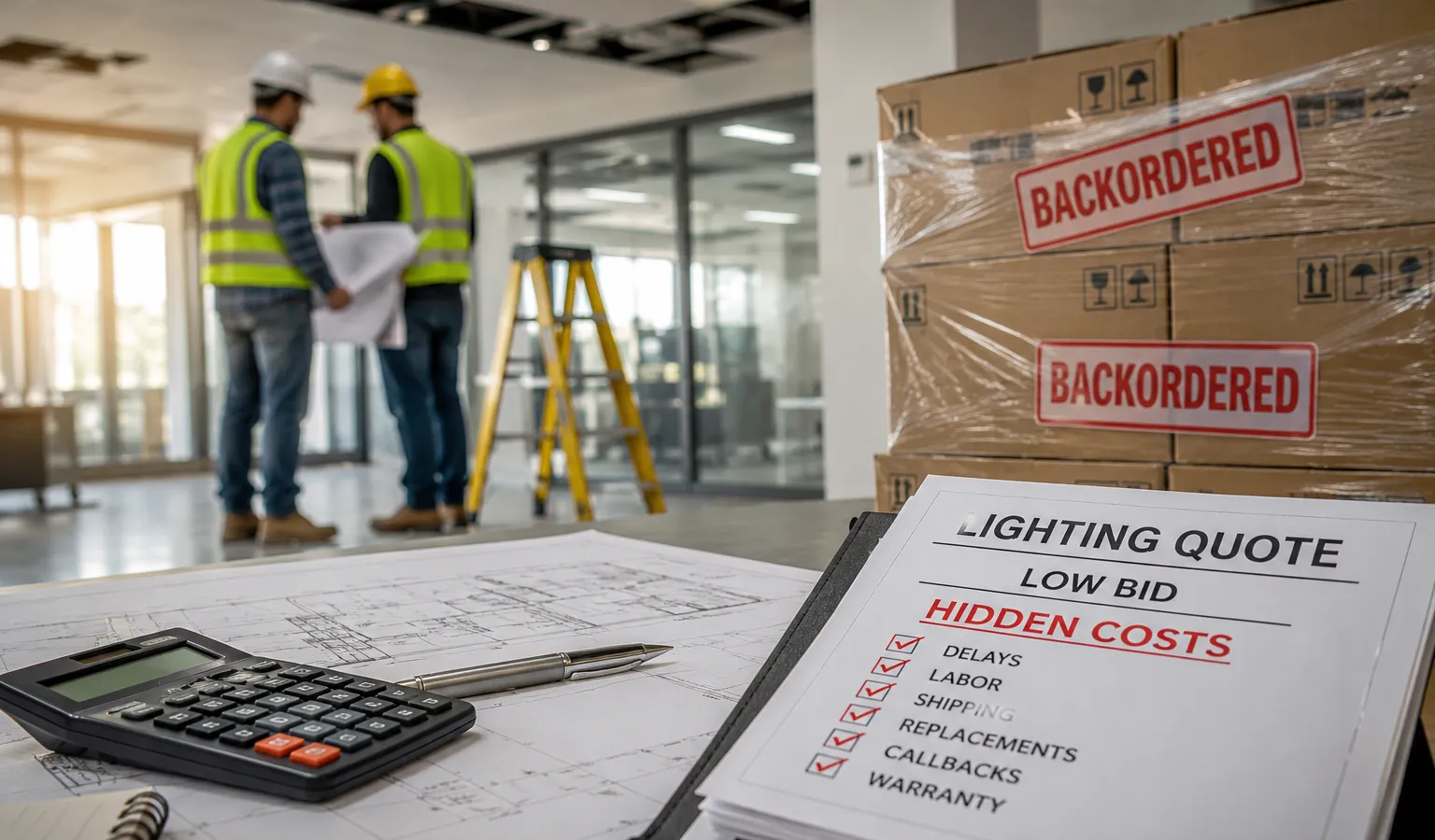 Backordered lighting shipments and hidden project costs beside construction plans