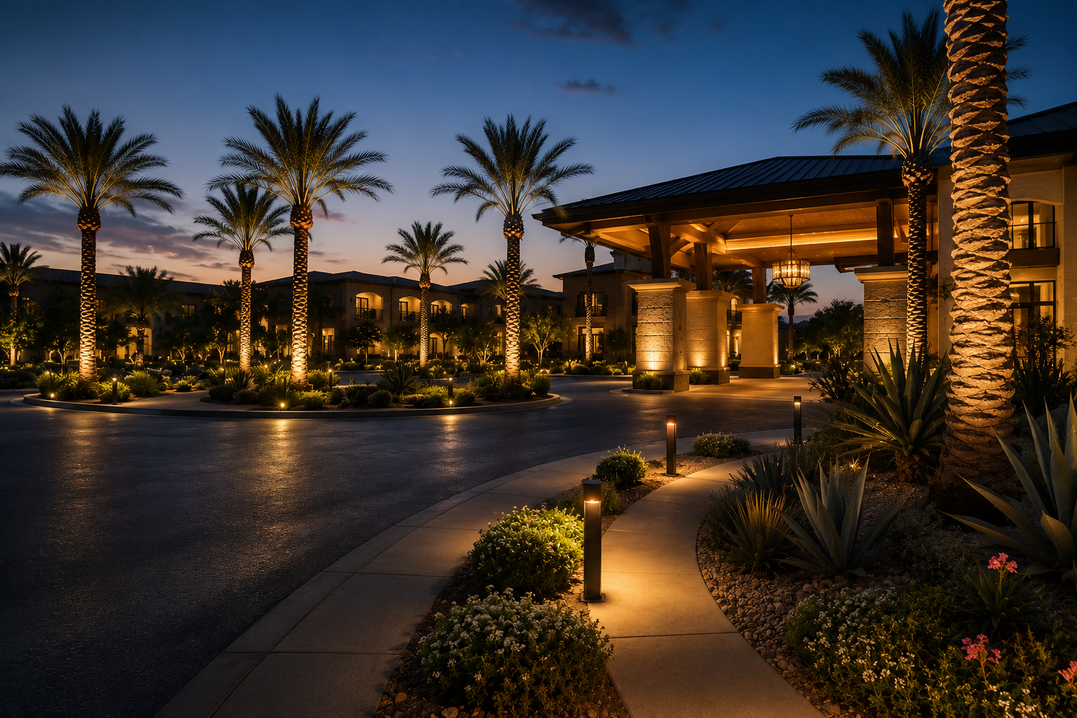 Resort entrance, palm trees, and pathways lit with warm outdoor LED lighting at dusk