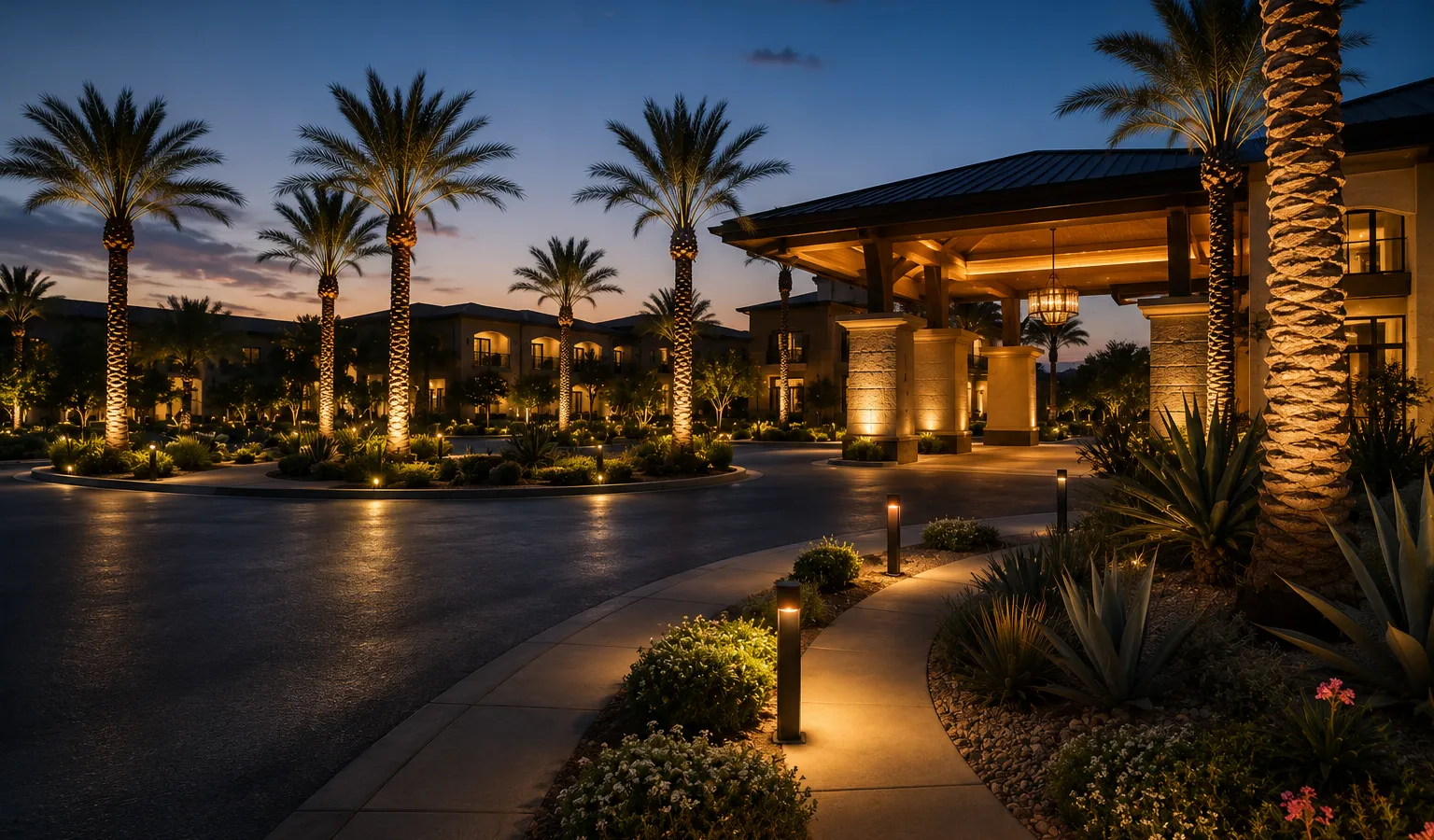 Resort entrance, palm trees, and pathways lit with warm outdoor LED lighting at dusk