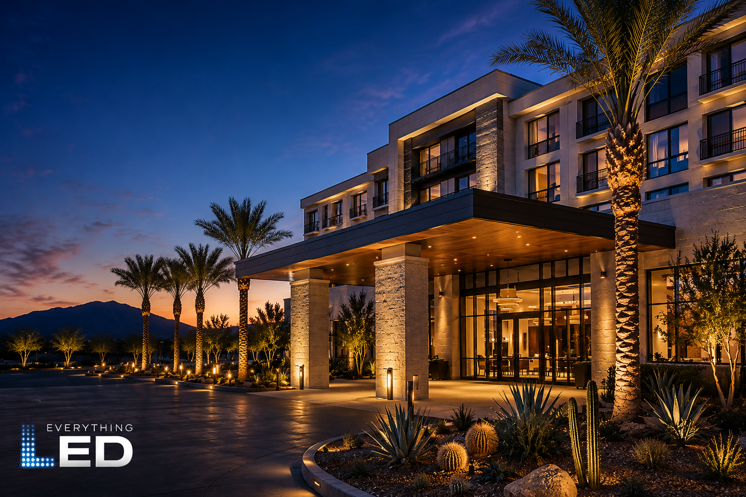 Arizona hotel exterior at dusk with warm architectural LED lighting