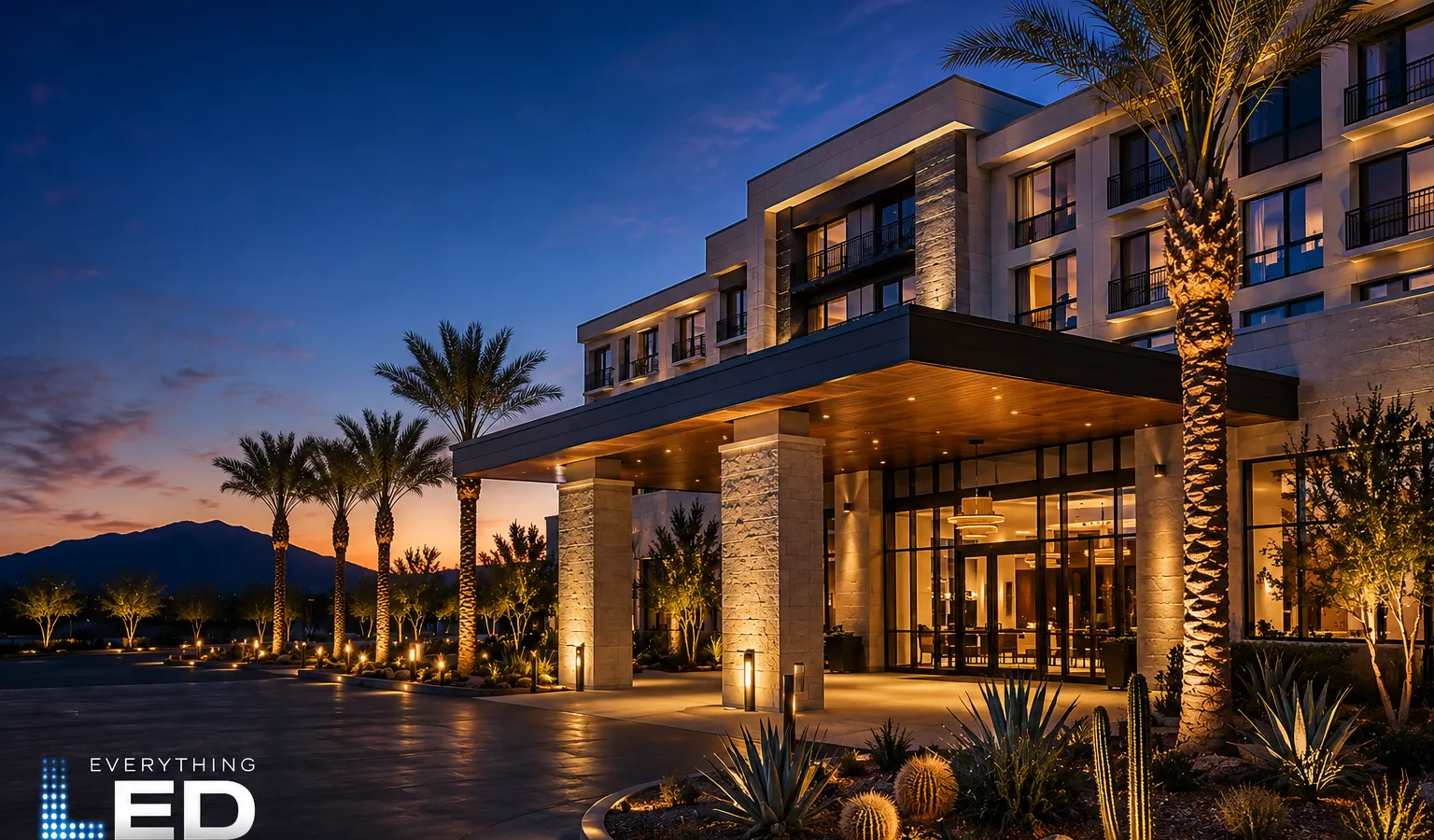 Arizona hotel exterior at dusk with warm architectural LED lighting