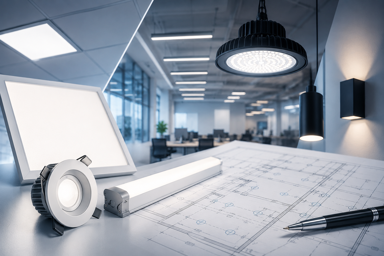 Commercial LED fixtures arranged over an electrical lighting plan in a modern office