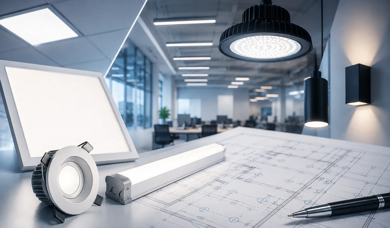 Commercial LED fixtures arranged over an electrical lighting plan in a modern office