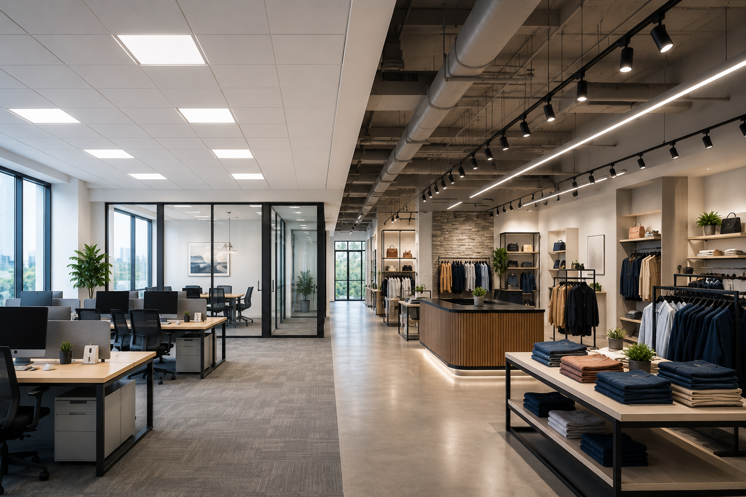 Split commercial interior showing a modern LED-lit office beside an LED-lit retail store