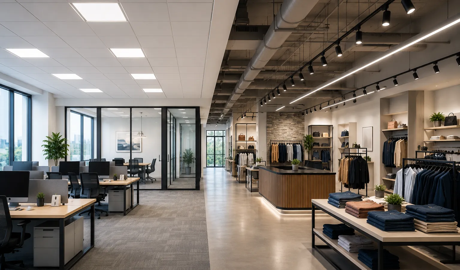 Split commercial interior showing a modern LED-lit office beside an LED-lit retail store
