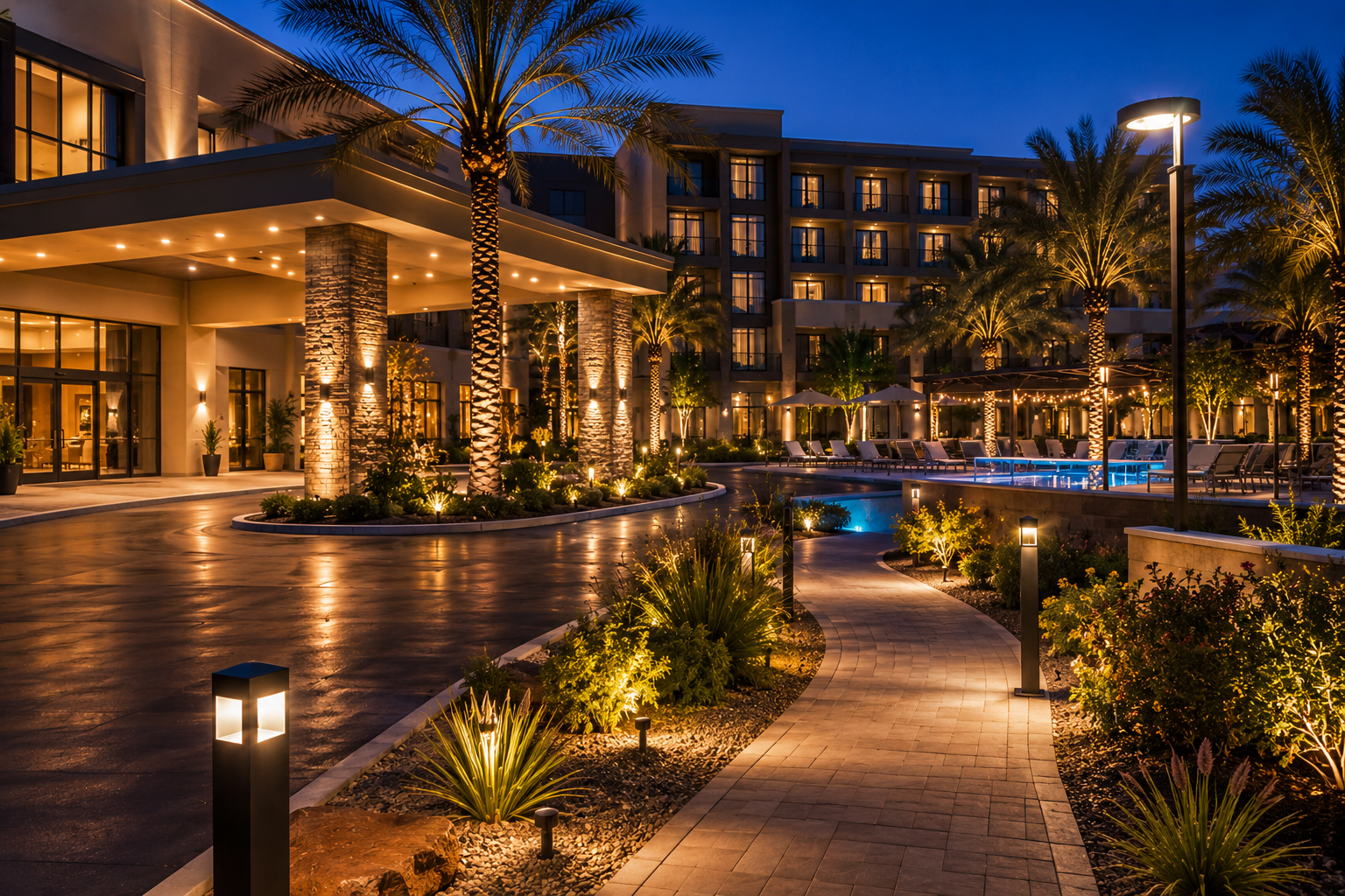Hotel entrance, porte cochere, walkway and pool area illuminated at dusk with bollards, landscape lighting and area lights