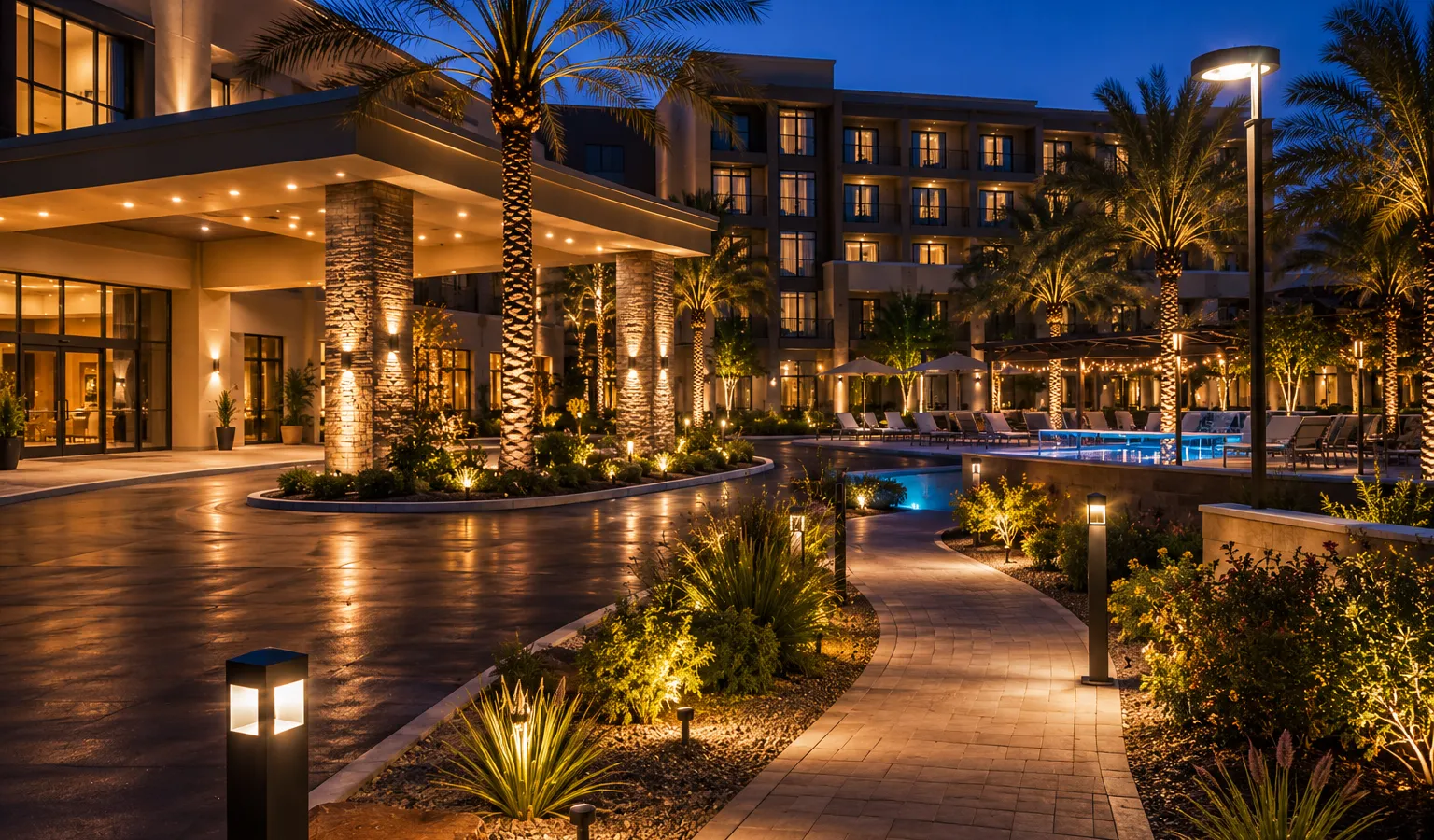 Hotel entrance, porte cochere, walkway and pool area illuminated at dusk with bollards, landscape lighting and area lights