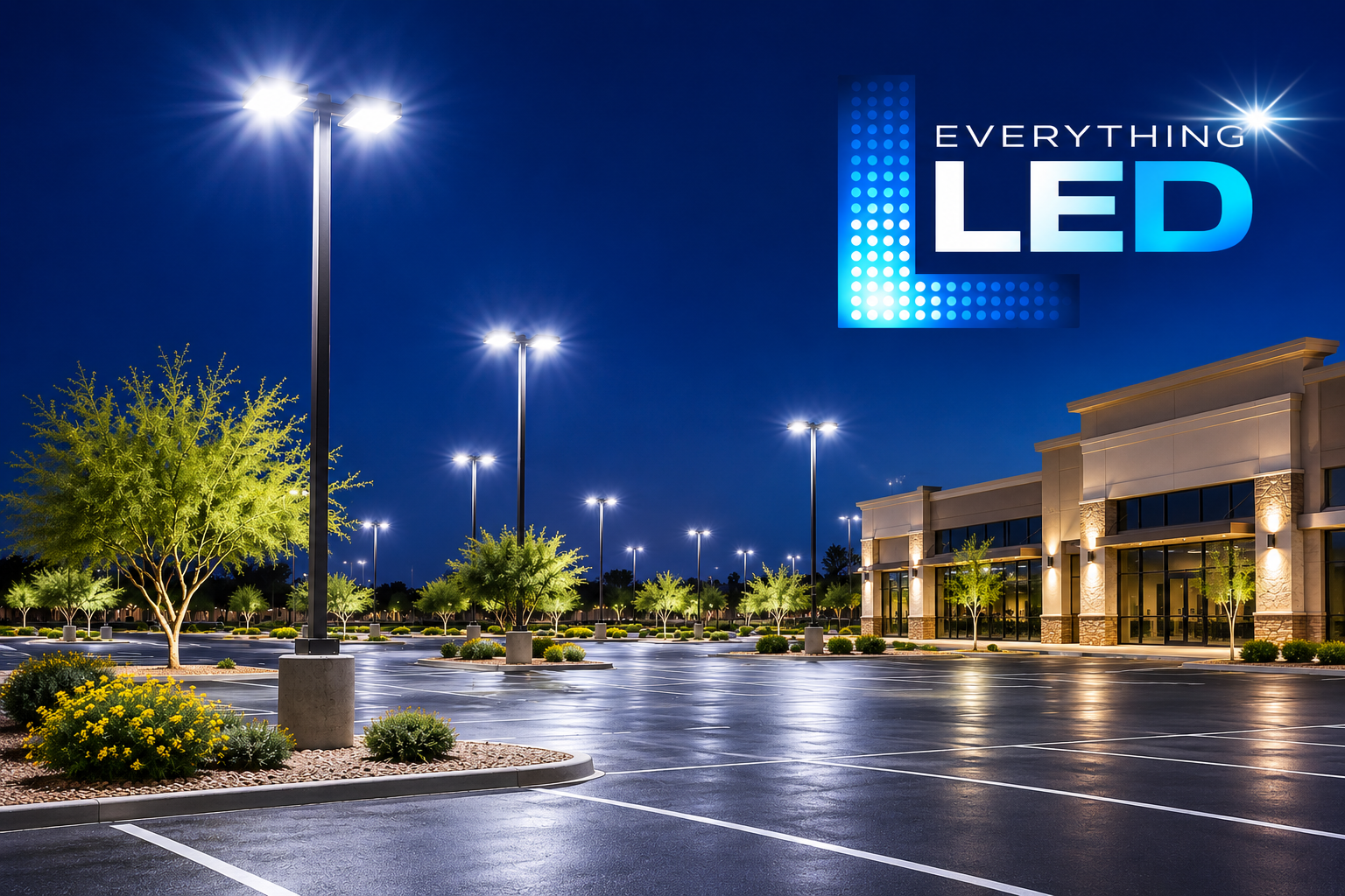 LED parking lot light fixtures illuminating a commercial parking lot at night