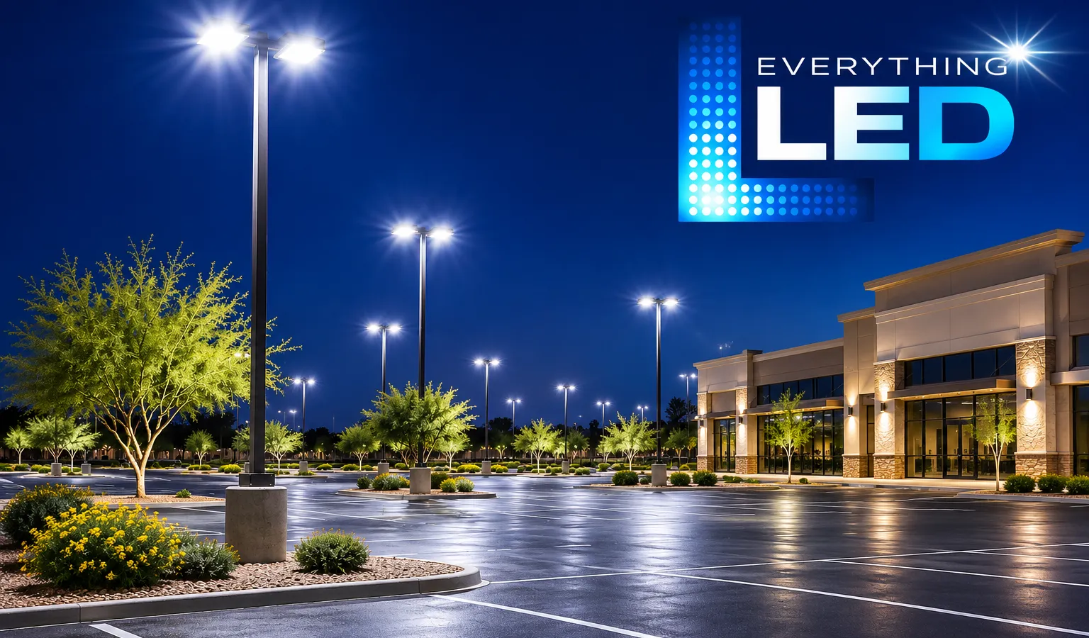 LED parking lot light fixtures illuminating a commercial parking lot at night