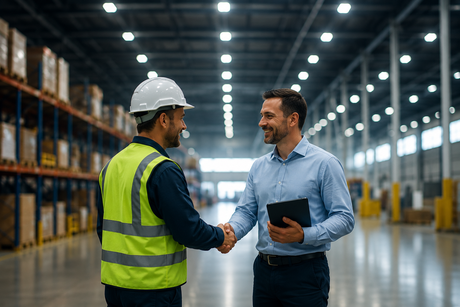 Contractor and lighting supplier shaking hands in a well-lit commercial warehouse