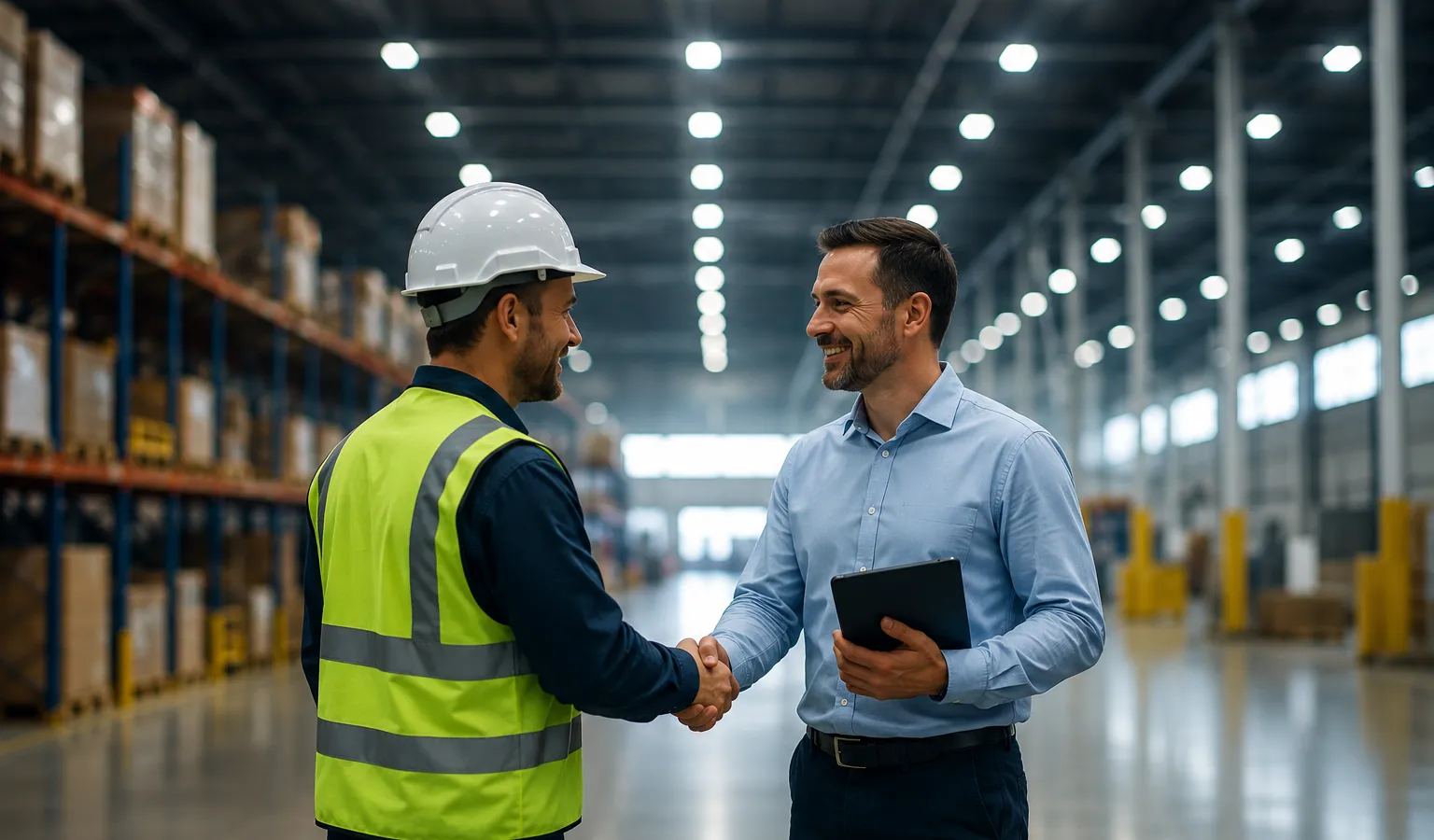 Contractor and lighting supplier shaking hands in a well-lit commercial warehouse