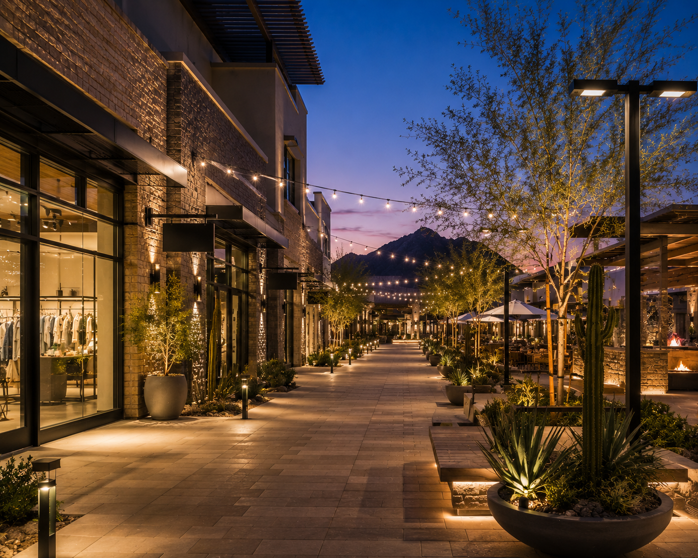 Outdoor shopping walkway with warm architectural lighting at dusk