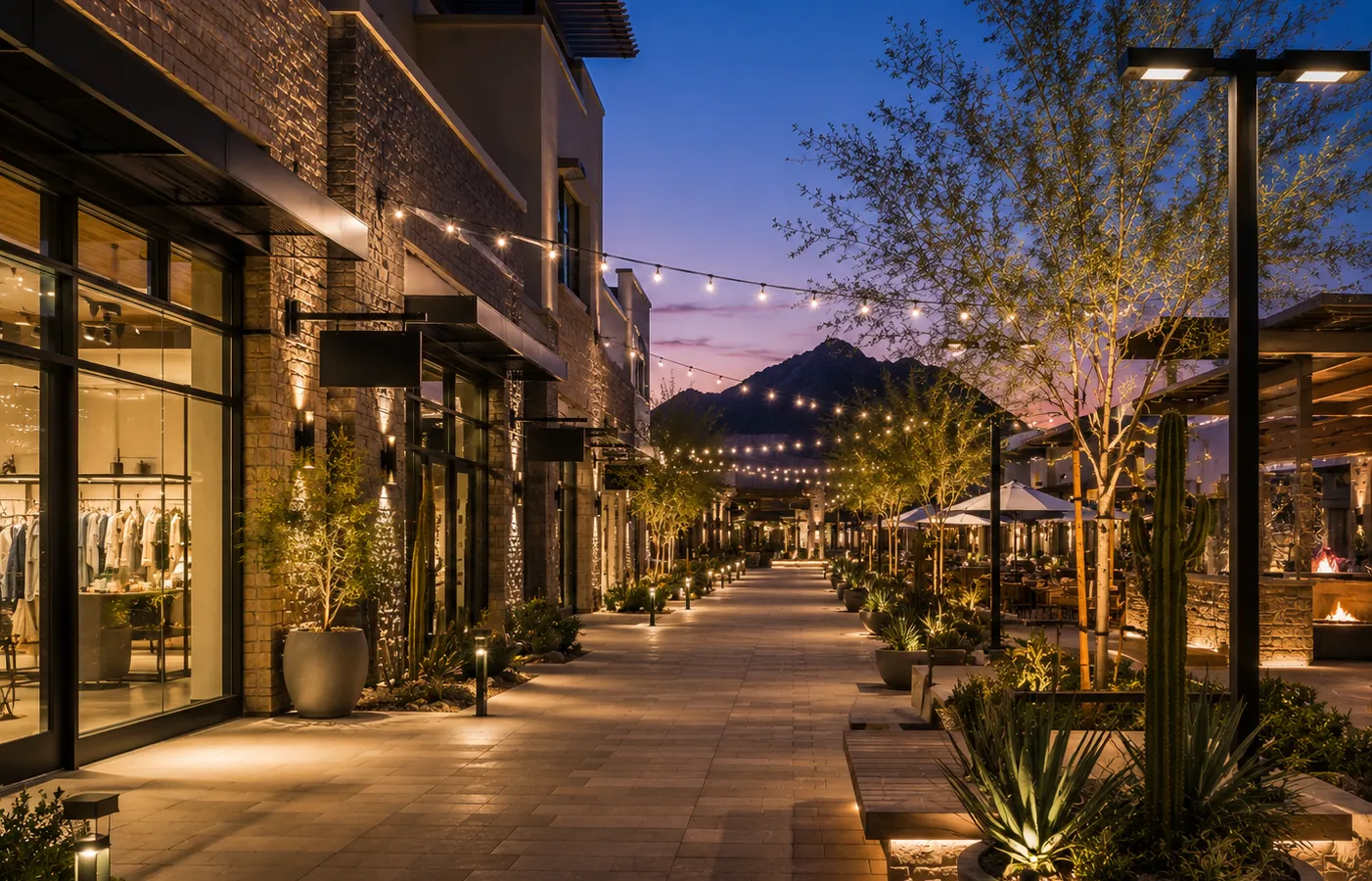 Outdoor shopping walkway with warm architectural lighting at dusk