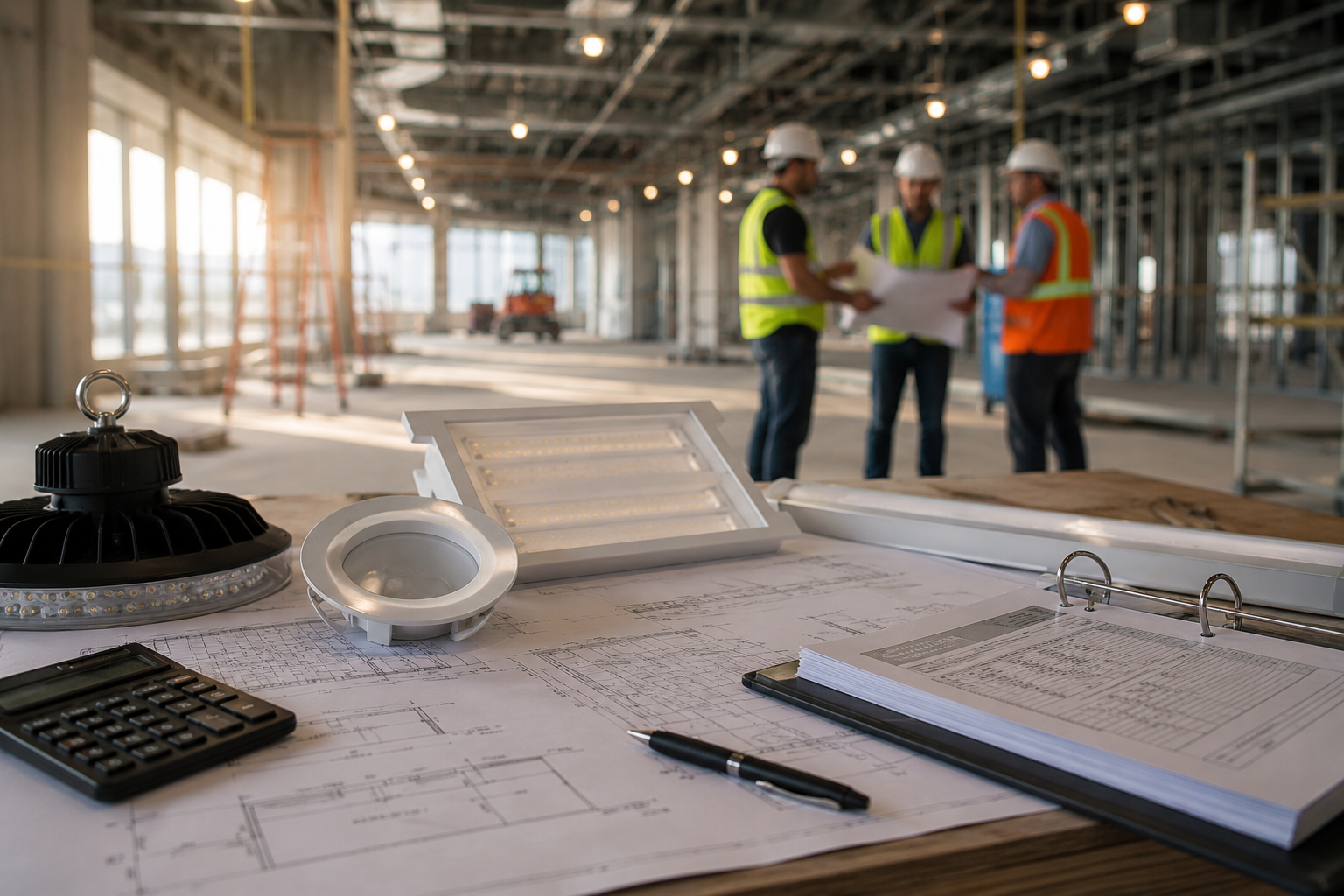 Commercial lighting fixtures and plans on a construction table with contractors in the background