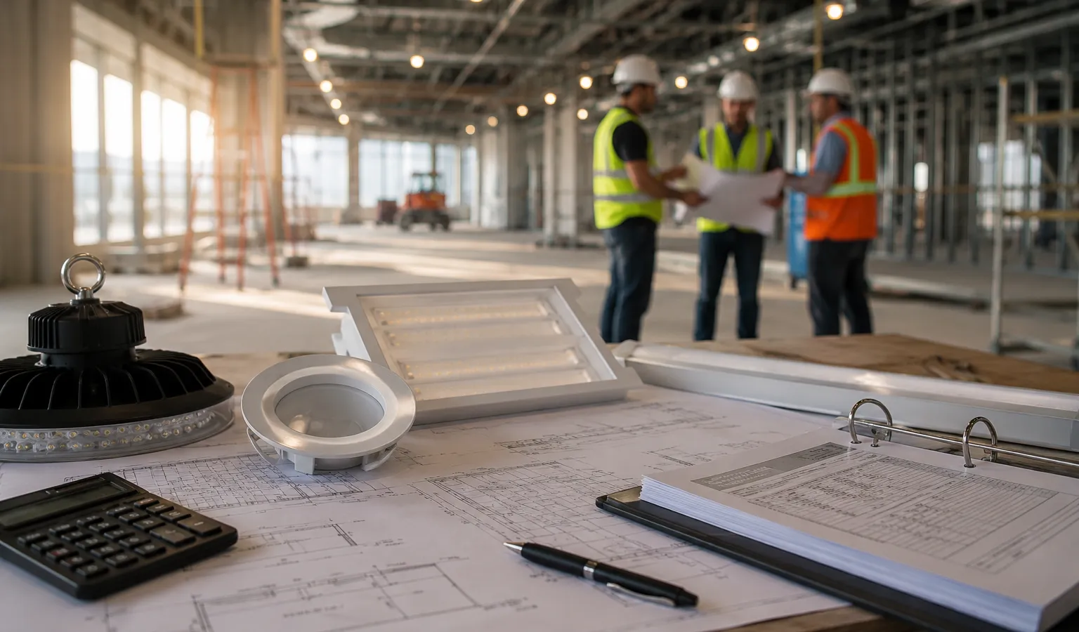 Commercial lighting fixtures and plans on a construction table with contractors in the background