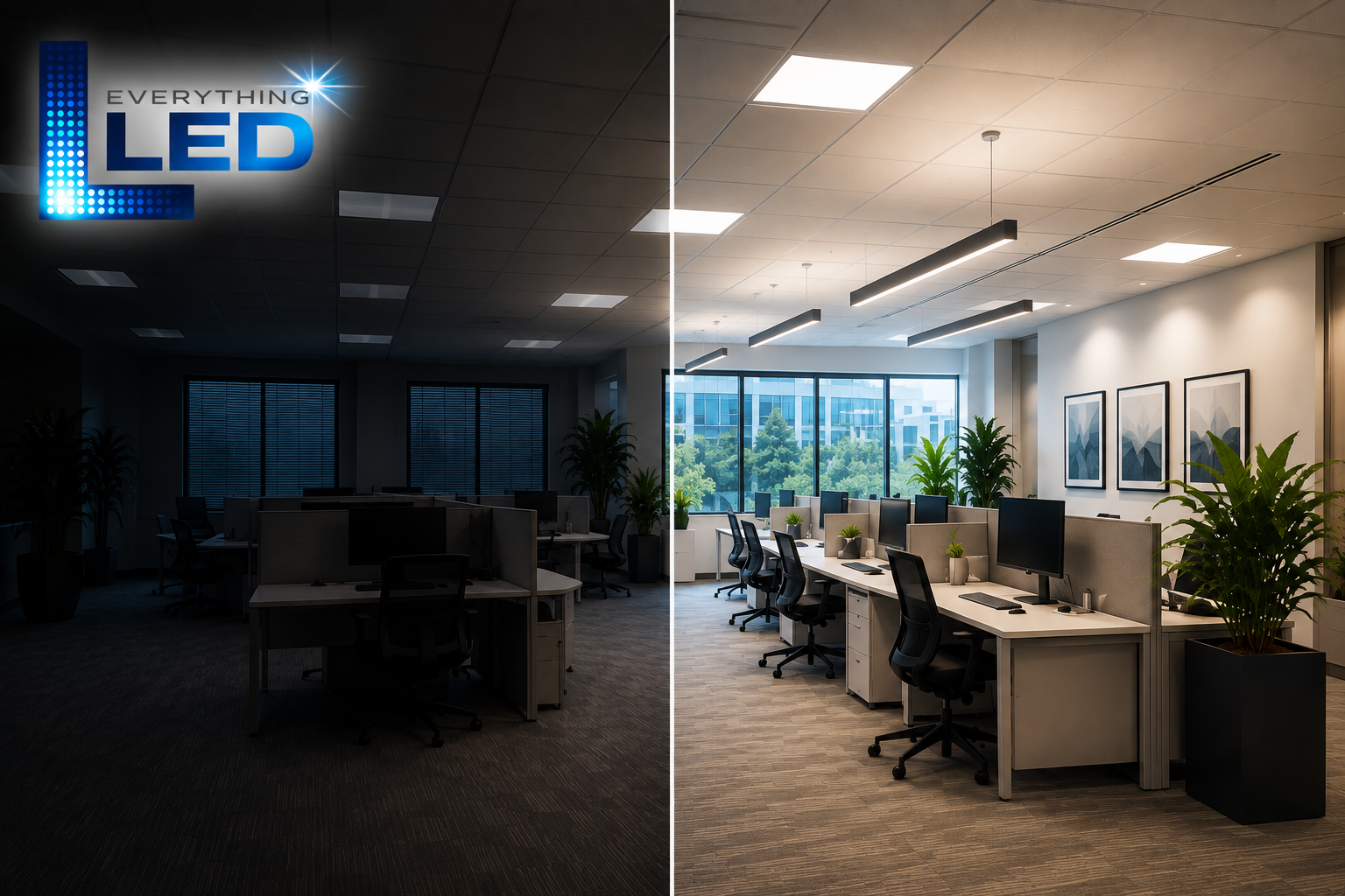 Dim commercial interior with LED ceiling fixtures illuminated but shadowed corners