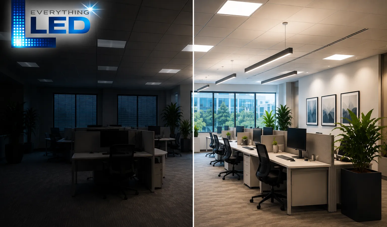 Dim commercial interior with LED ceiling fixtures illuminated but shadowed corners