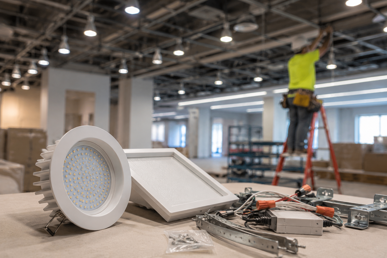 Commercial LED fixtures and drivers staged for installation on an active construction site