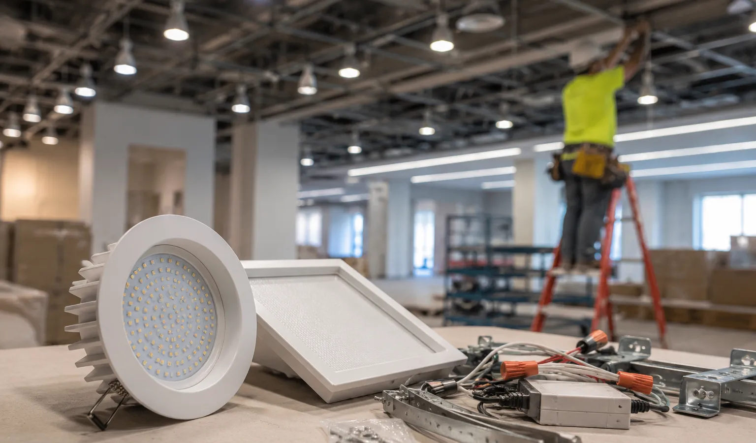 Commercial LED fixtures and drivers staged for installation on an active construction site