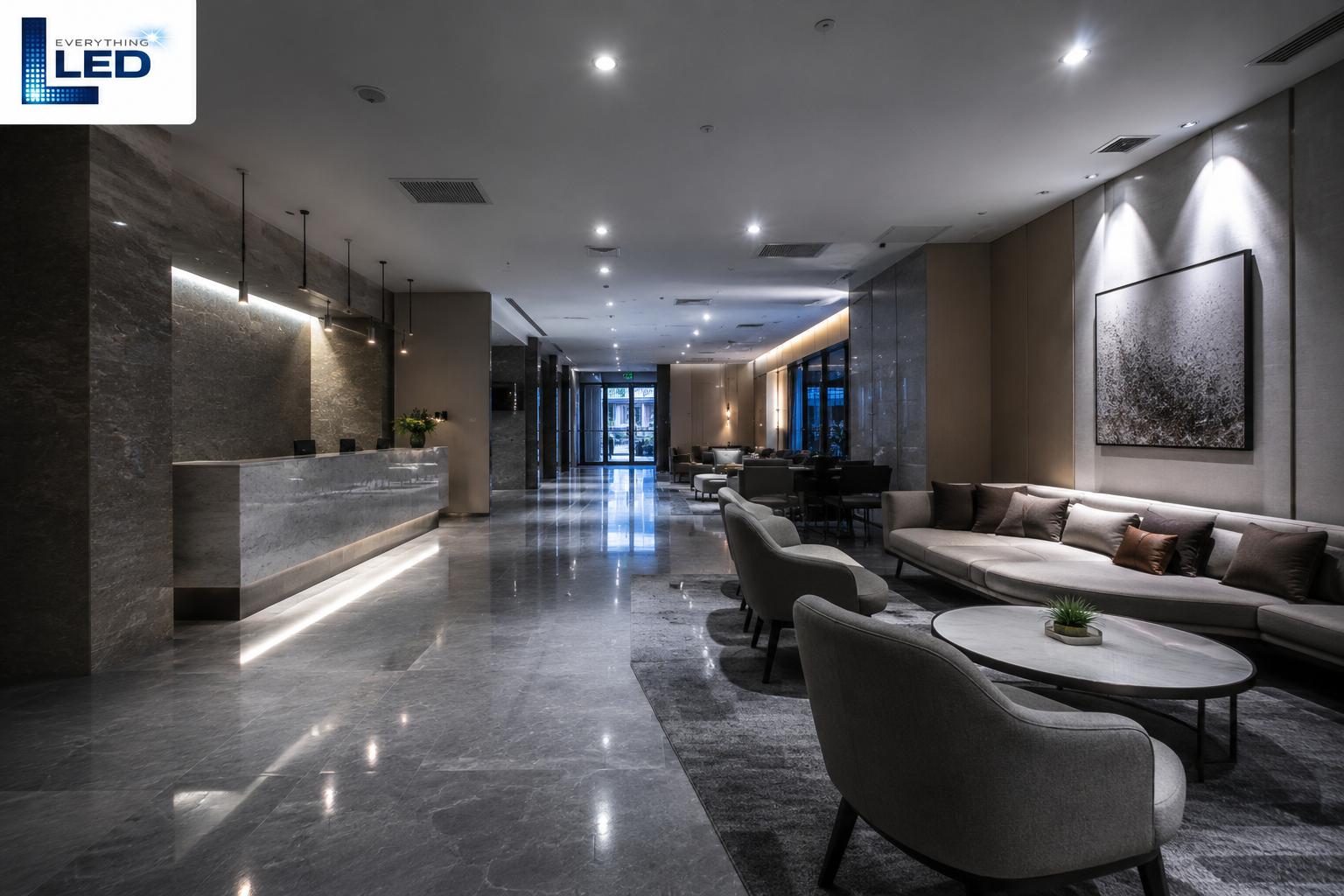 Hotel lobby with recessed downlights, wall washers, and a seating area lit by cool overhead lighting