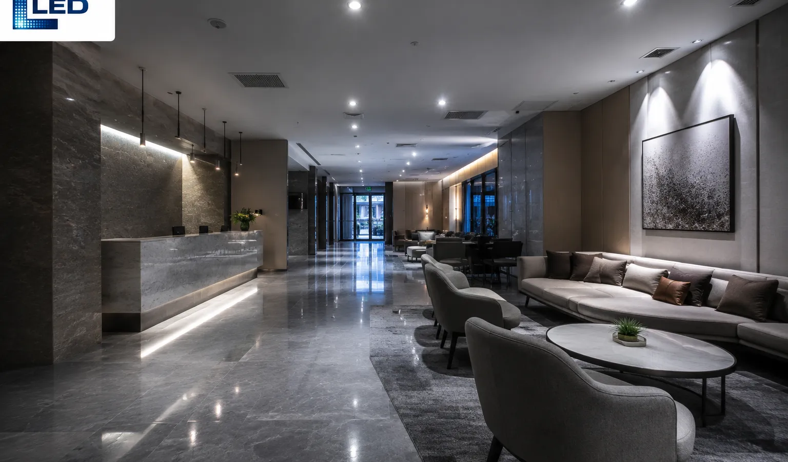 Hotel lobby with recessed downlights, wall washers, and a seating area lit by cool overhead lighting