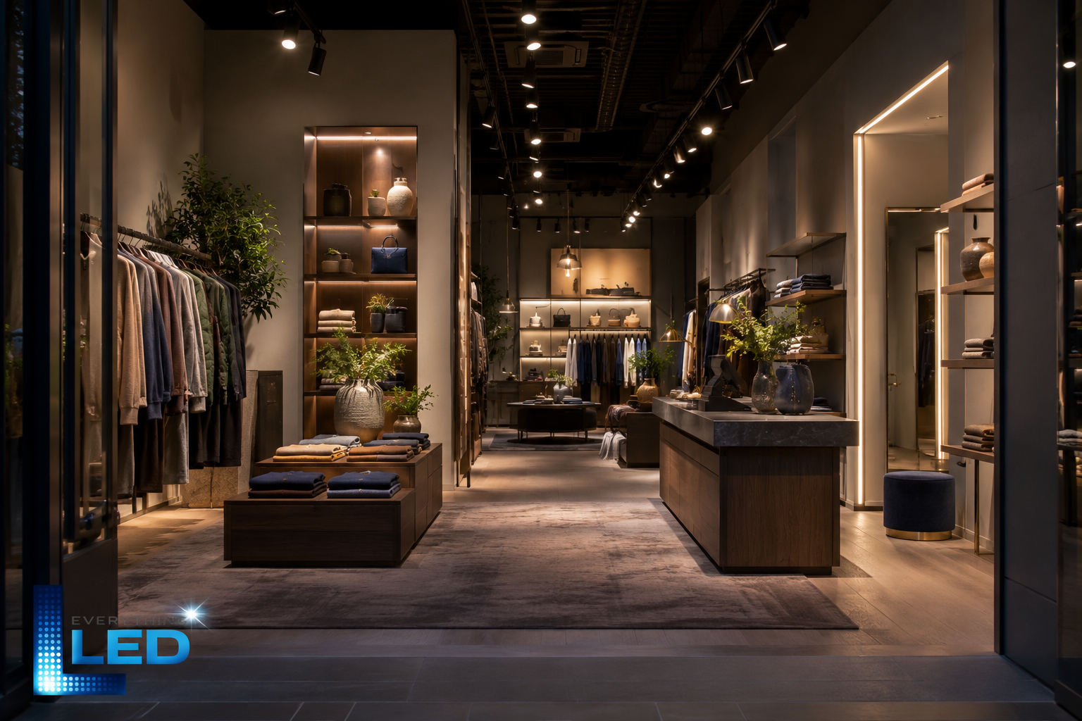 Modern apparel boutique interior with track lighting, illuminated display niches, and a lit fitting room entrance