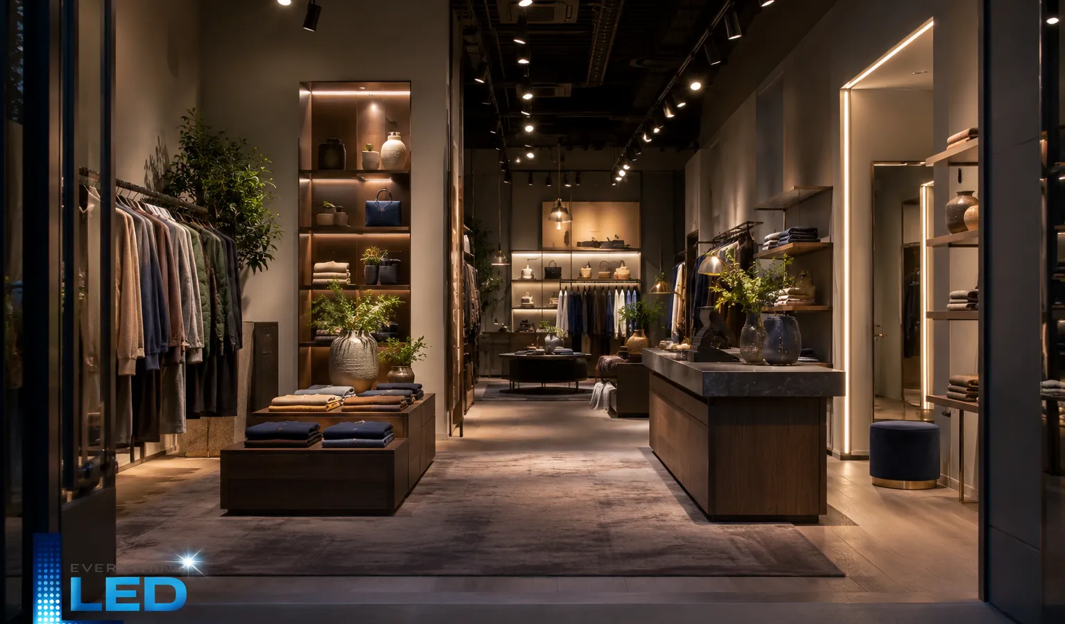 Modern apparel boutique interior with track lighting, illuminated display niches, and a lit fitting room entrance
